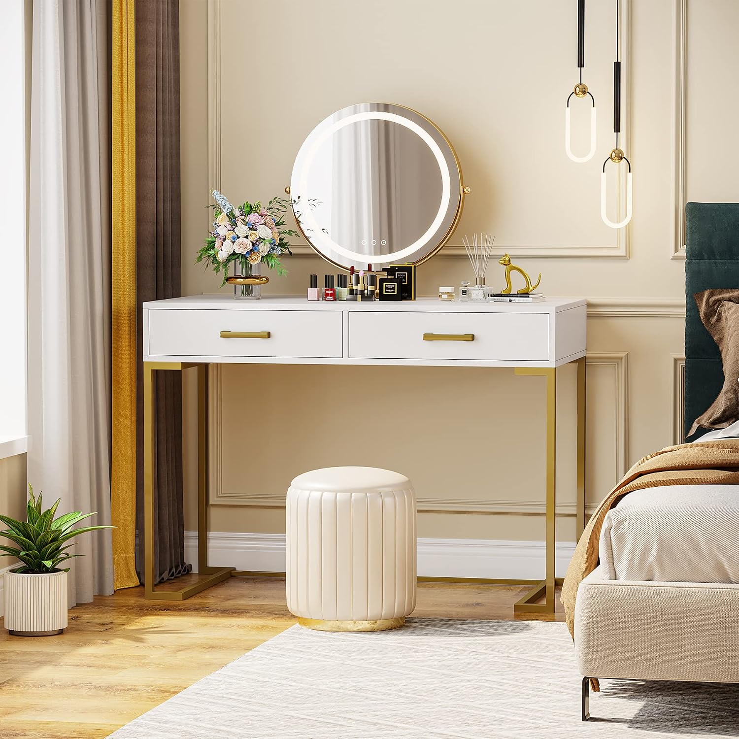 Tribesigns Vanity Desk with 2 Drawers, White and Gold Small Makeup Vanity, Modern Vanity Table Dressing Desk for Women Girls Gifts (Without Mirror)