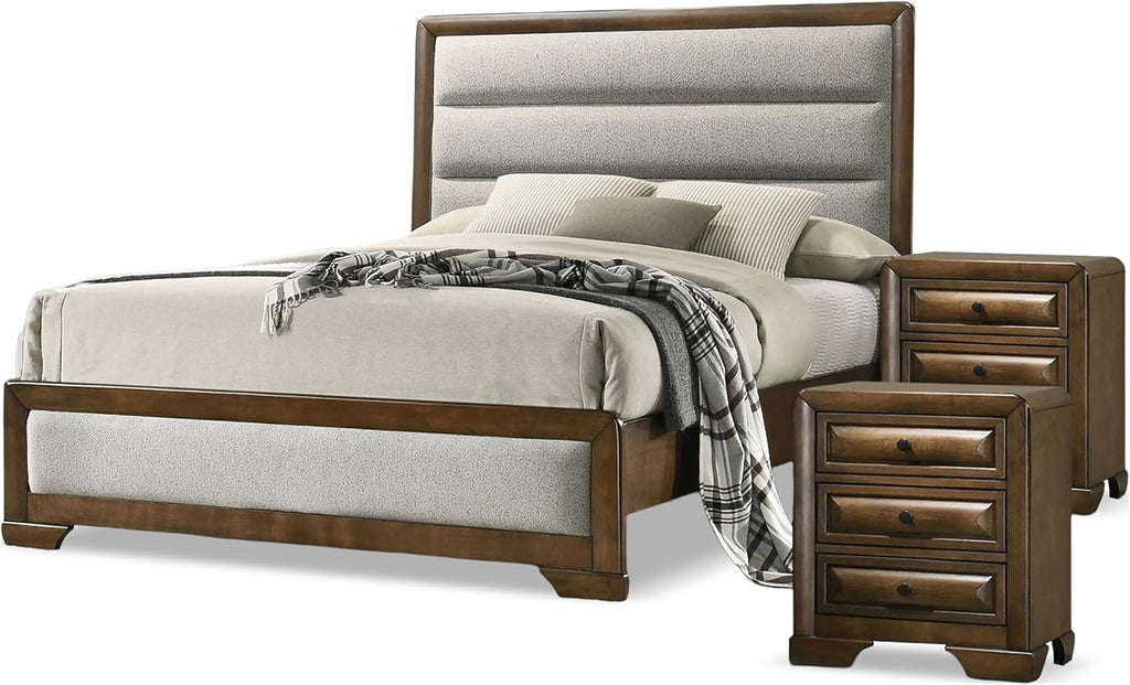 Furniture of America Johan Transitional Solid Wood 3-Piece Queen Panel Bedroom Set with 2 Nightstands, Box Spring Needed, Brown and Light Gray