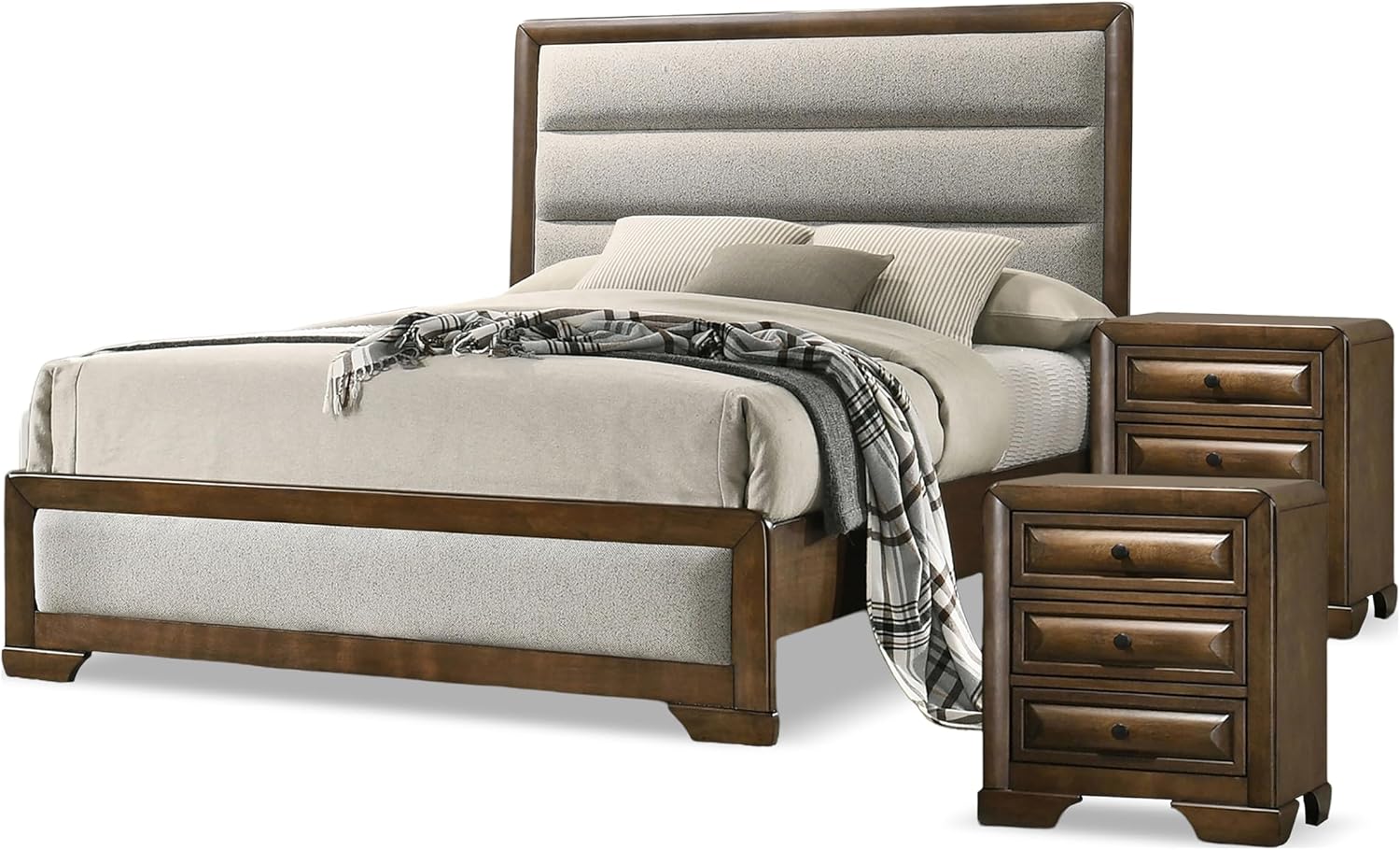 Furniture of America Johan Transitional Solid Wood 3-Piece Queen Panel Bedroom Set with 2 Nightstands, Box Spring Needed, Brown and Light Gray