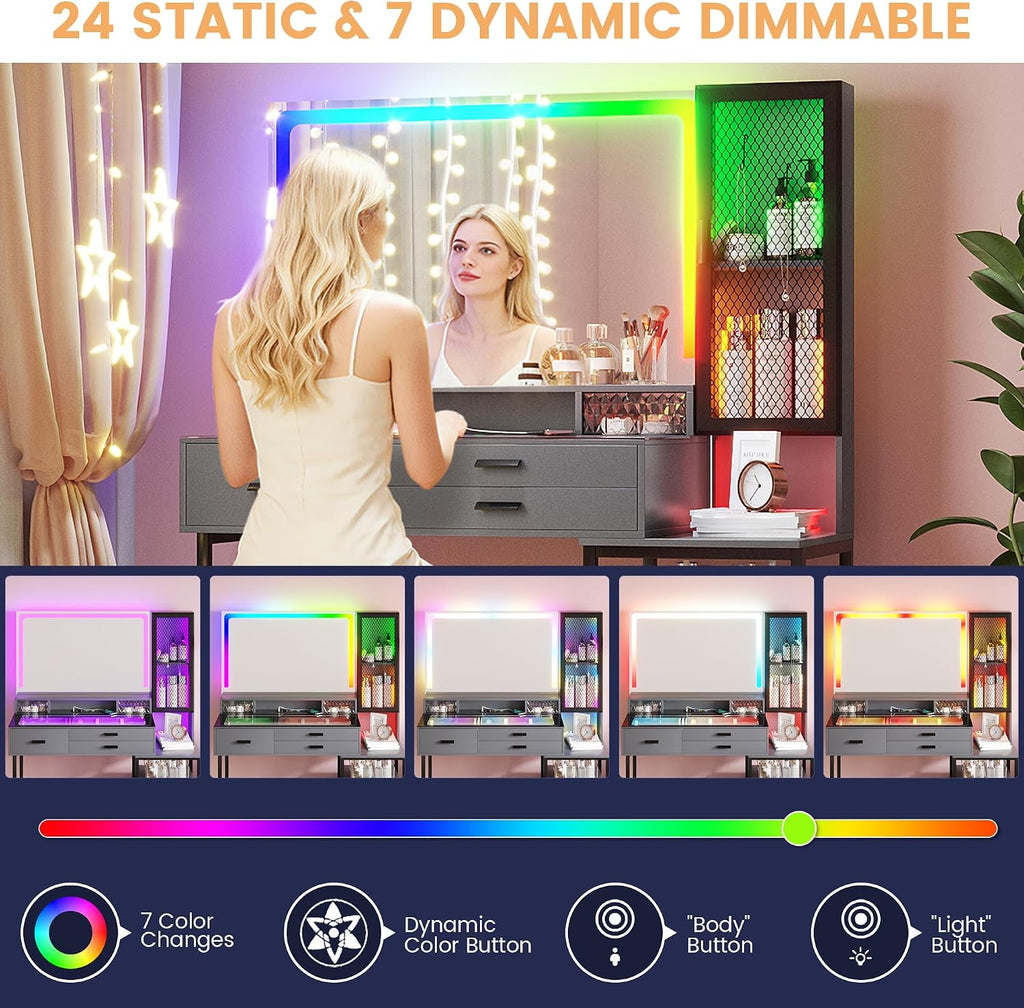 Makeup Vanity Desk with Large Mirror, Glass Top Vanity Table Set with RGB 24 Color Dimmable Lights, Dressing Table with 6 Drawers and Cushioned Stool (Grey)
