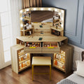 Vanity Desk with Charging Station & LED Lights Mirror – Corner Design HD Triple Mirror Makeup Vanity Table Set with Storage Drawers & Chair for Living Room/Bedroom Ideal Gift (Wood)