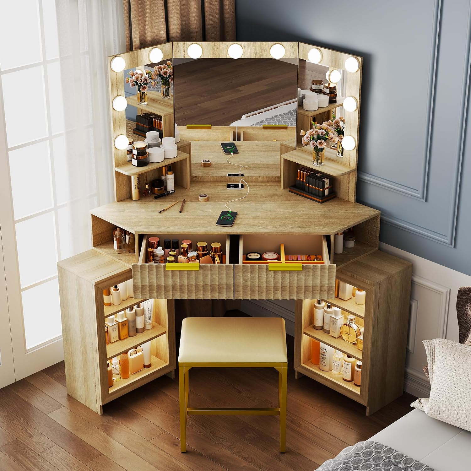 Vanity Desk with LED Lights Mirror & Power Outlet – Corner Design, Makeup Vanity Table Set with Storage Drawers & Chair, 3 Lighting Modes for Living Room/Bedroom, Ideal for Gift (Wood)