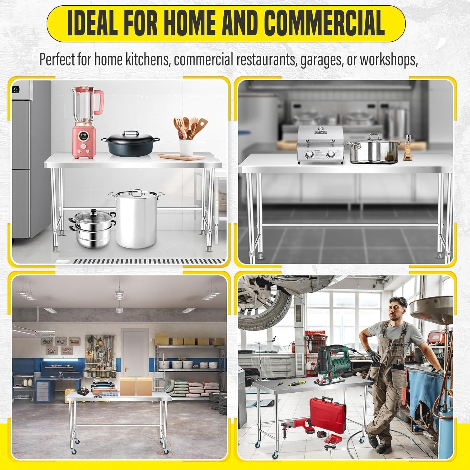 GarveeLife Stainless Steel Work Table, 60x24 x35 Inch, Commercial Kitchen Prep Table with Open Base for Restaurant, Food Prep, Garage and Workshop, Easy to Assemble and Clean, Silver