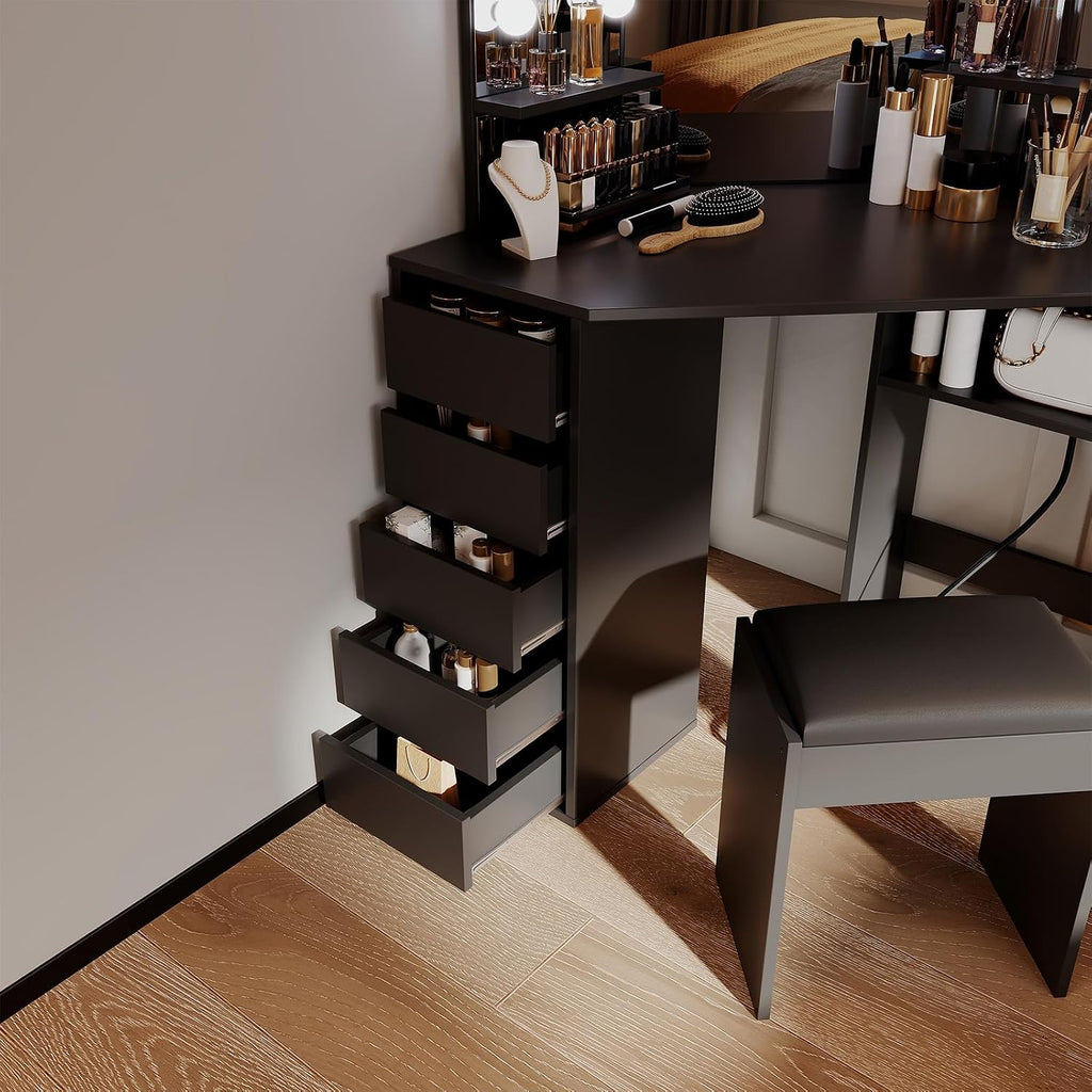 Corner Vanity Desk with Mirror and Led Lights - Makeup Table with 5 Drawers, Shelves, and Vanity Stool - Perfect for Bedroom or Bathroom, Black