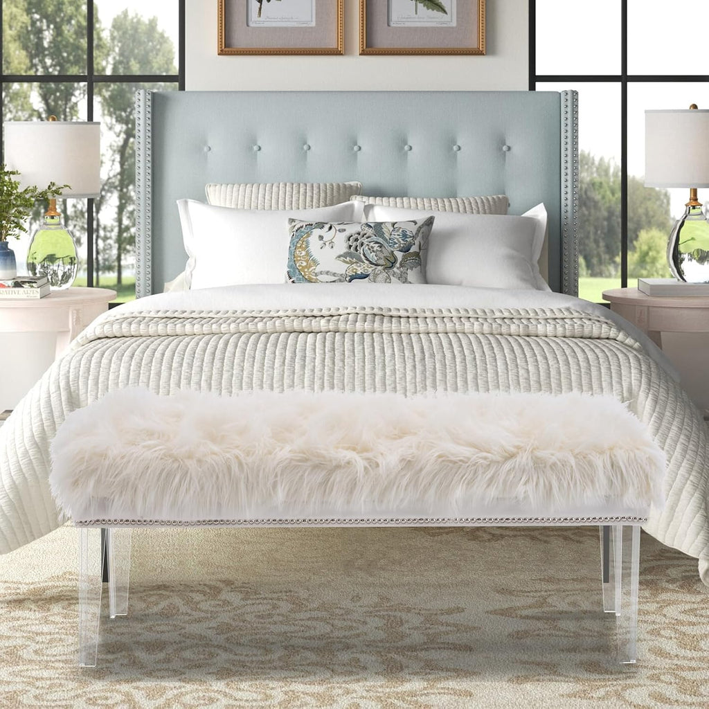 46 Inch White Bedroom Bench, Benches for Bedroom White Faux Fur Upholstered Bed end Bench, Tufting Ottoman Bench Indoor Bench with Acrylic Legs for Living Room Bedroom Entryway