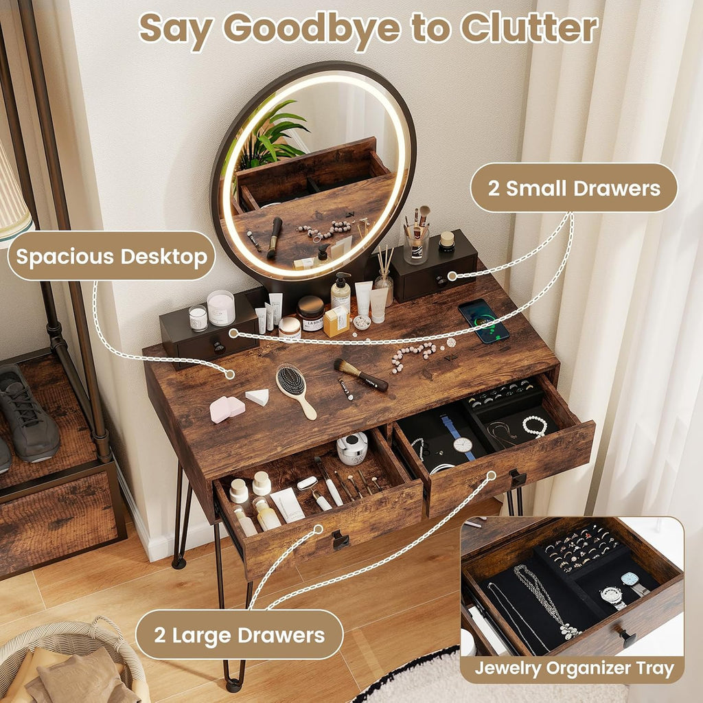 CHARMAID Vanity Desk with Mirror and Lights, Makeup Vanity Table with 4 Drawers, Charging Station, 3-Color Lighted Mirror, Retro Style Dressing Table with Stool for Small Bedroom (Rustic Brown)