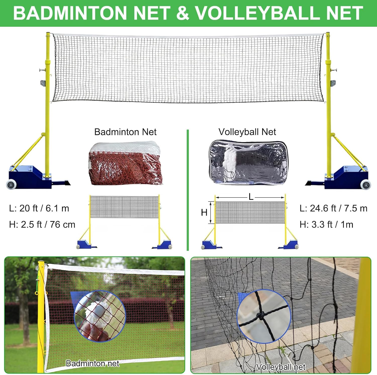 Volleyball/Badminton Poles, Mobile Badminton Net Bracket with Wheel & Heavy Base, Adjustable Height Volleyball Net Stand for Outdoor Indoor Backyard