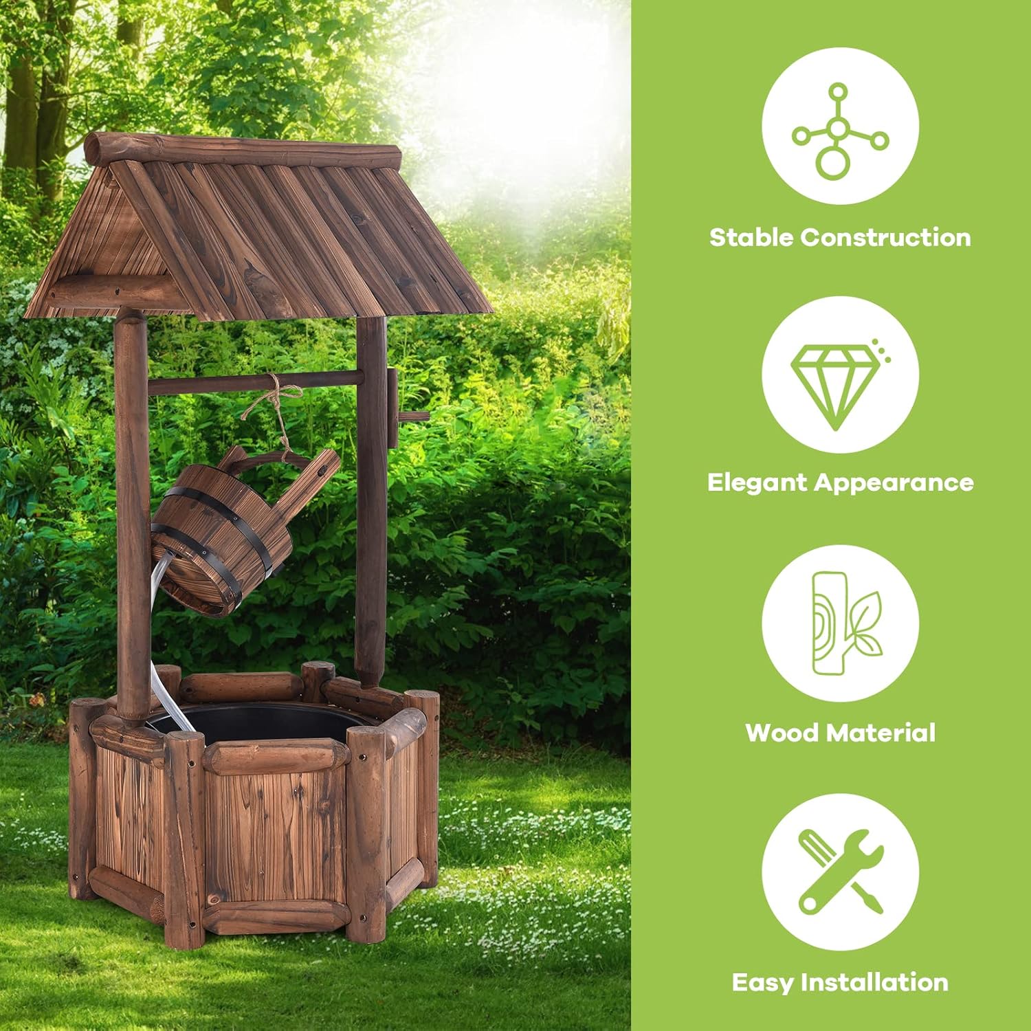 S AFSTAR Wishing Well Water Fountain, Rustic Wood Outdoor Waterfall Fountain with UL Certificated, Garden Wishing Well, Electric Pump Wishing Wells for Outdoor Yard Garden Backyard Decoration