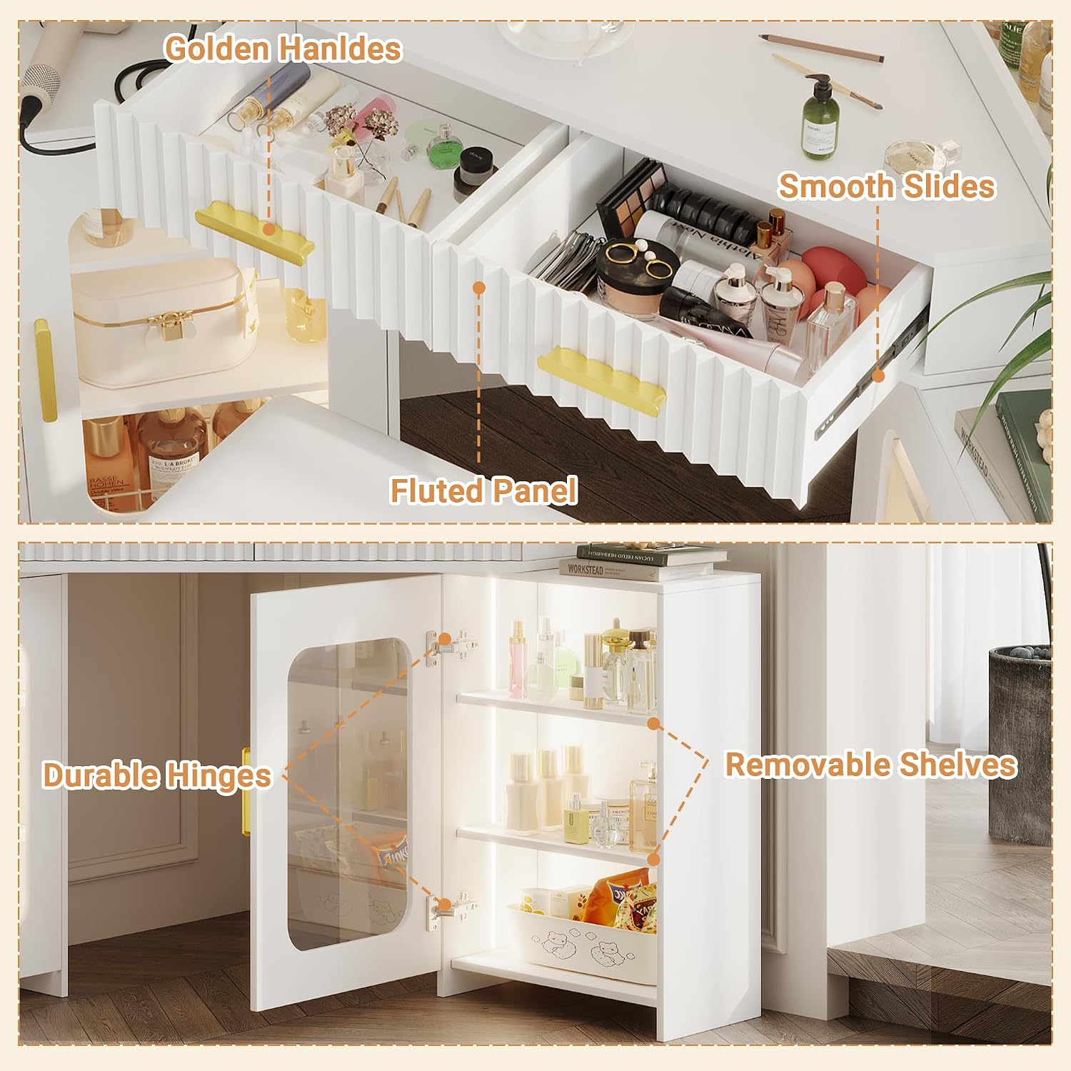 Corner Vanity Desk with 3 Way Mirror & LED Lights, Makeup Table Set with Charging Station, Storage Drawers & Side Cabinets, Modern Bedroom Dressing Table for Women & Girls Birthday Gift
