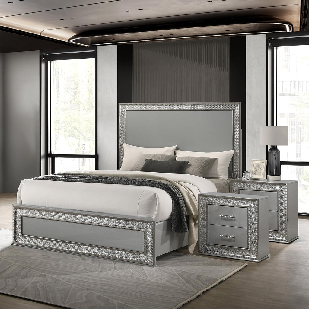 Furniture of America Kiria Glam Solid Wood 3-Piece Bedroom Set with Platform Bed, Metallic Scale Molding Trim and Felt-Lined Top Drawer on Nightstand, No Box Spring Needed, King, Metallic Gray