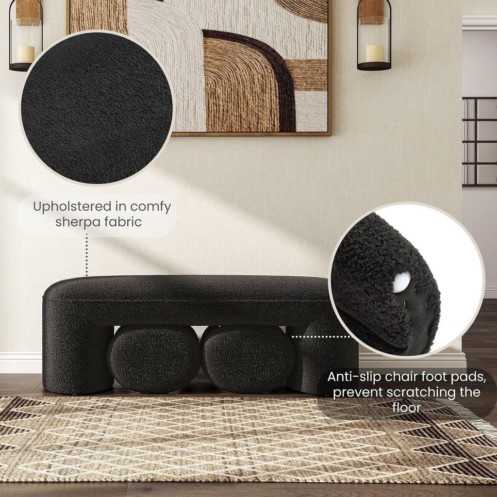3-Piece Nesting Ottoman Bench Set，53' Long Upholstered End of Bed Bench with 2 15' Foot Stools Sherpa Modern Arched Bench Comfy Entry Bench Vanity Stools for Living Room Bedroom, Black