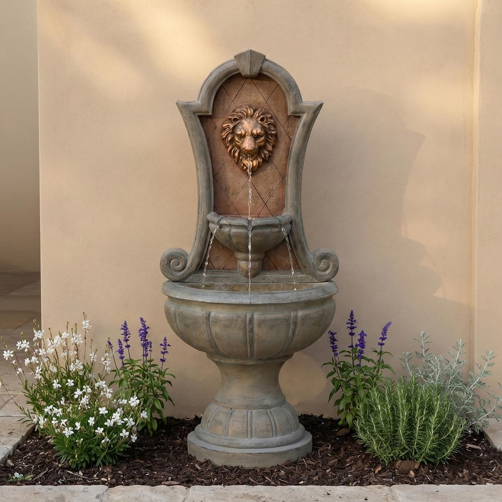 Bumilgar Outdoor Wall Fountain with LED Lights, 49.21' H Freestanding Garden Water Fountain, Large Floor Standing Patio Waterfall Feature, European Resin Flat Back Yard Courtyard Porch Décor