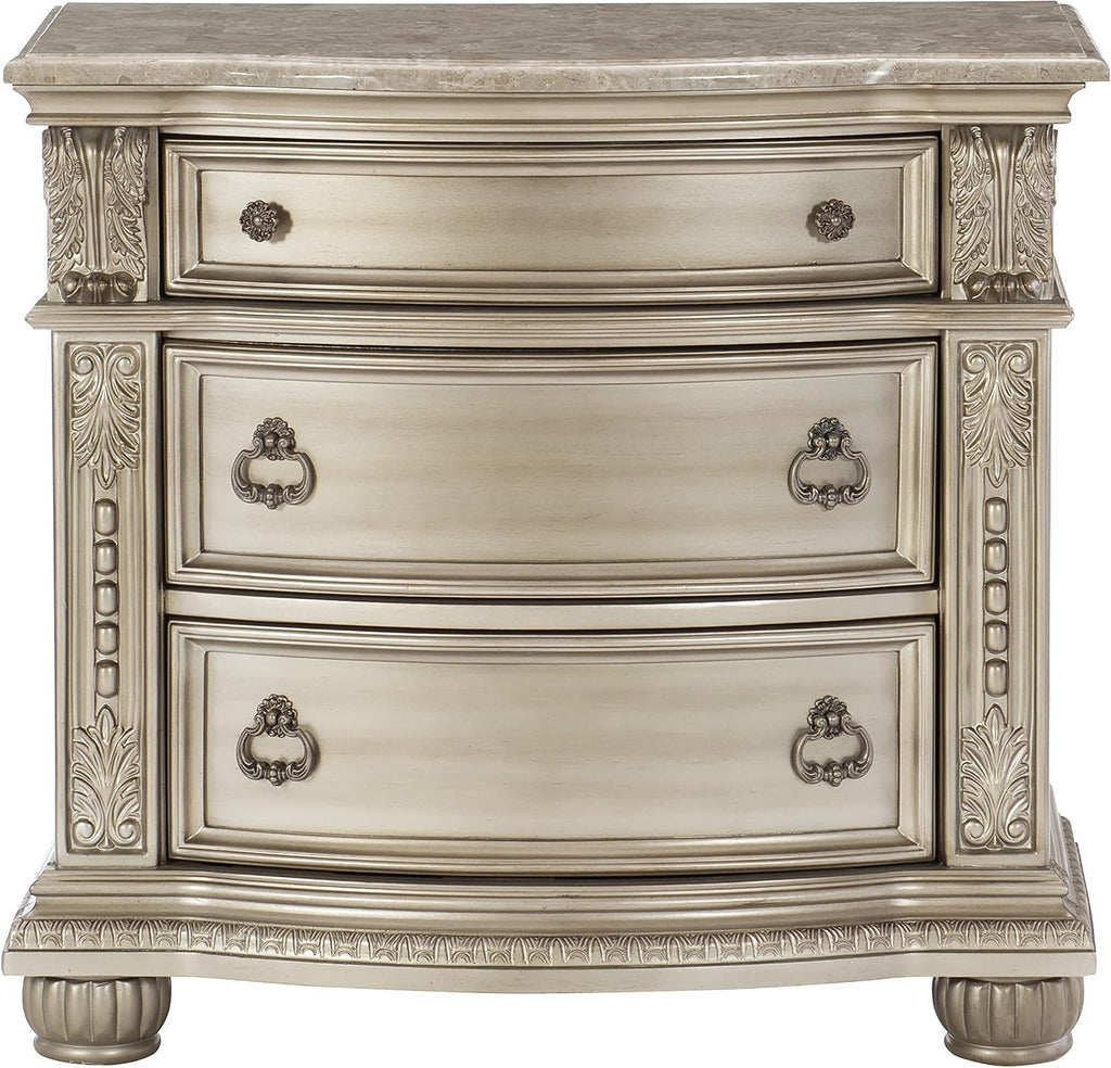 Traditional Classic 4 Pieces King Size Set Silver Finish Faux Leather Upholstered Bed Classic Design Marble Top Formal Bedroom Furniture