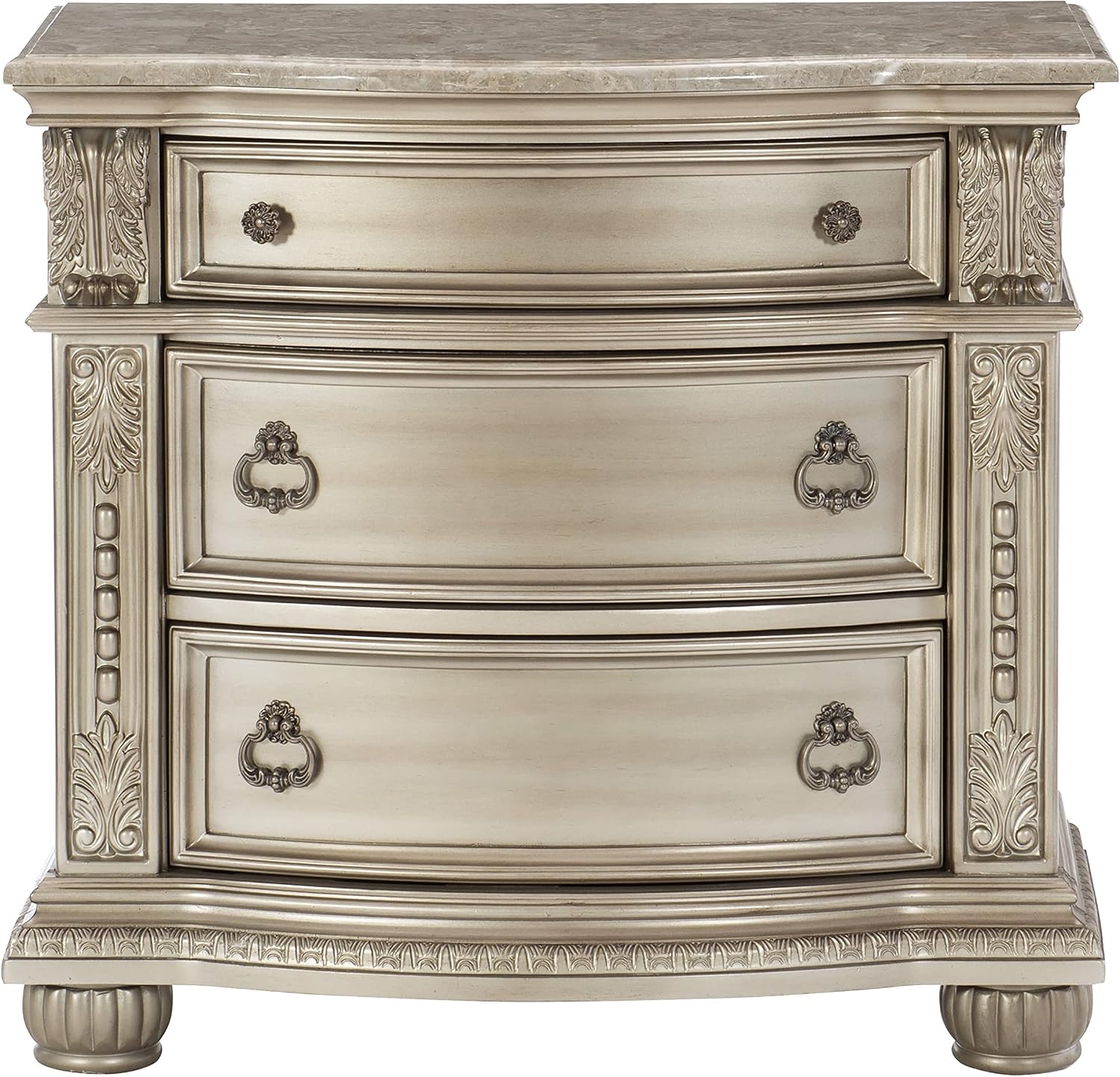 Traditional Classic 4 Pieces King Size Set Silver Finish Faux Leather Upholstered Bed Classic Design Marble Top Formal Bedroom Furniture