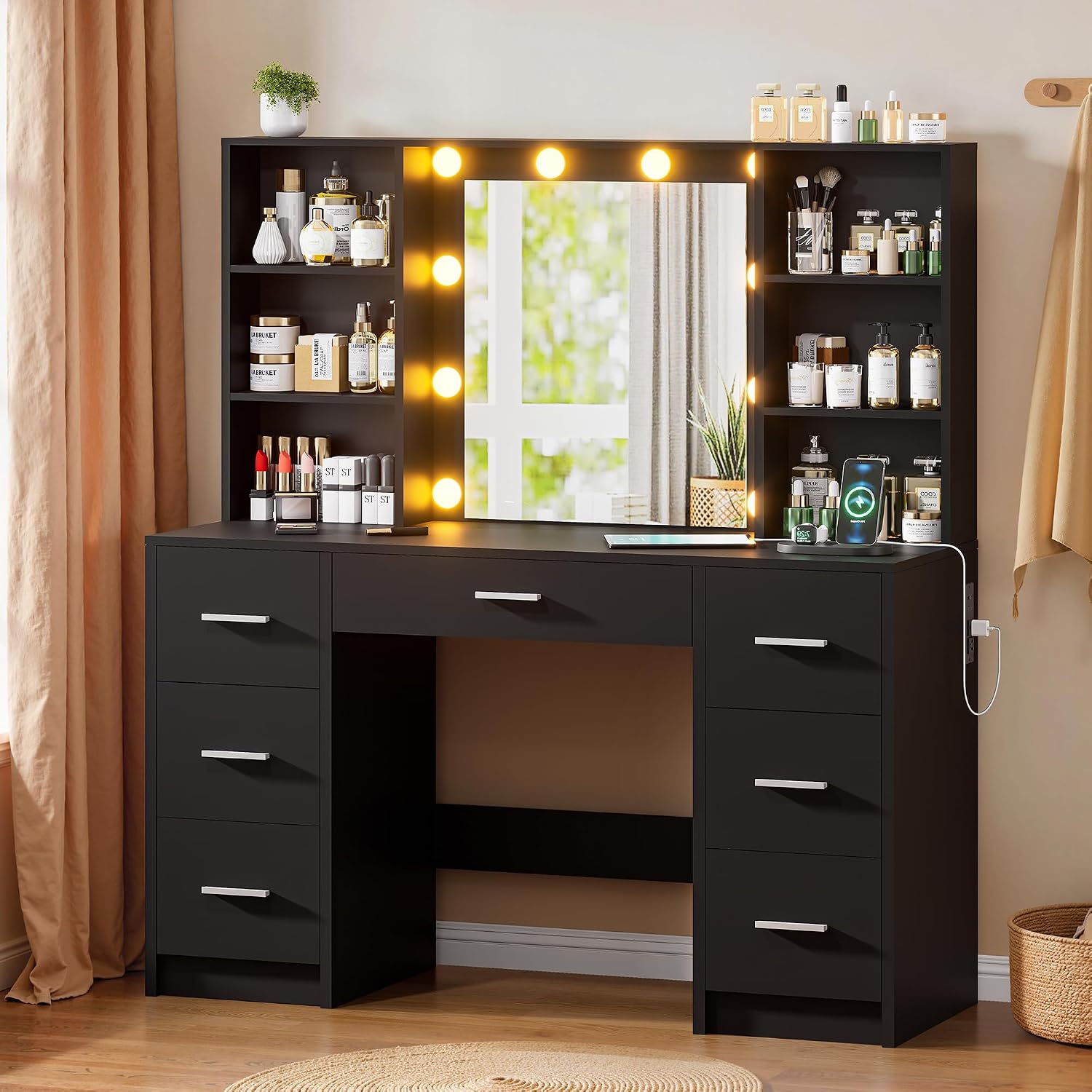 Vanity Desk with Mirror and LED Lights, Large Vanity with 7 Drawers and 6 Shelves, Make up Vanity Dressing Table with Charging Station for Girls, Women (Black)
