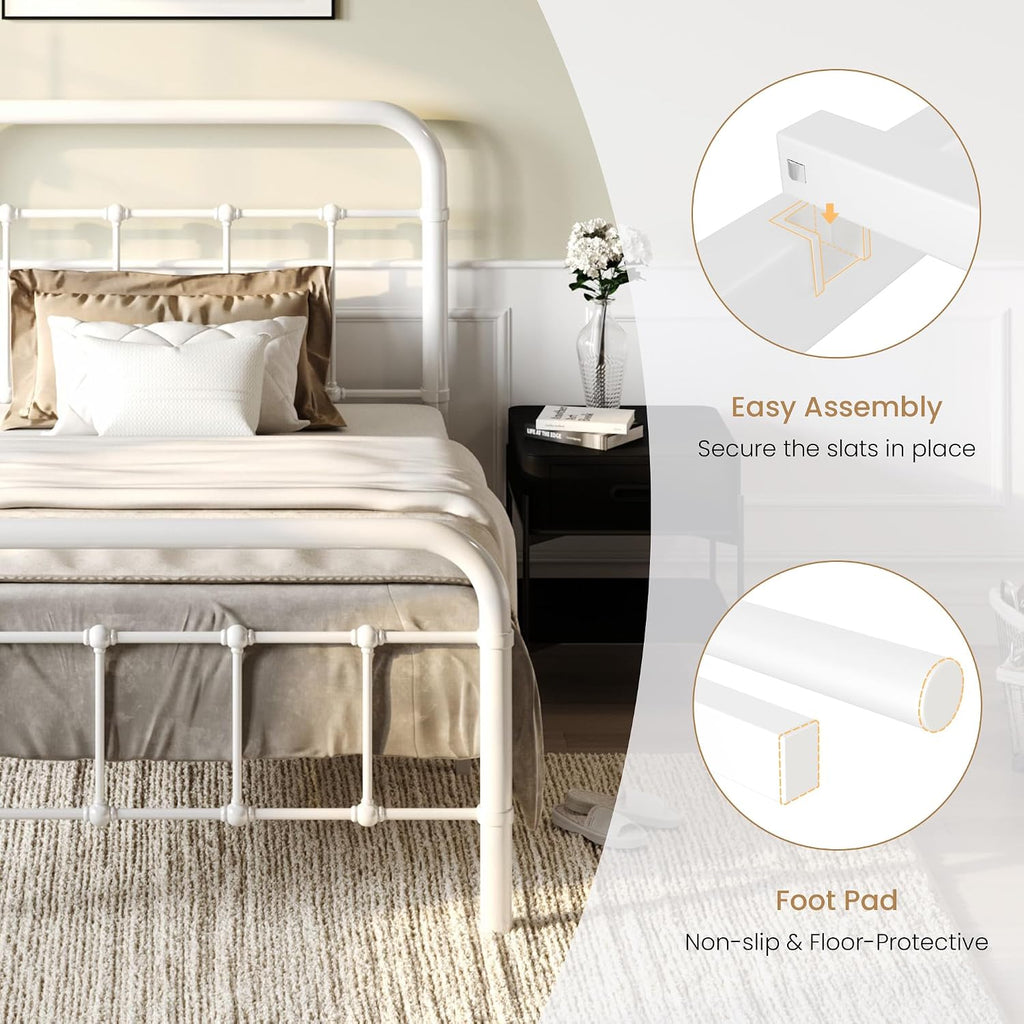 SHA CERLIN Twin Size Metal Platform Bed Frame with Vintage Style Headboard and Footboard, Heavy Duty Mattress Foundation, No Box Spring Needed, Easy Assembly, White