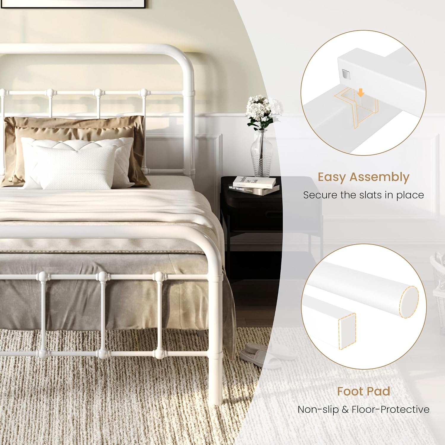 SHA CERLIN Twin Size Metal Platform Bed Frame with Vintage Style Headboard and Footboard, Heavy Duty Mattress Foundation, No Box Spring Needed, Easy Assembly, White