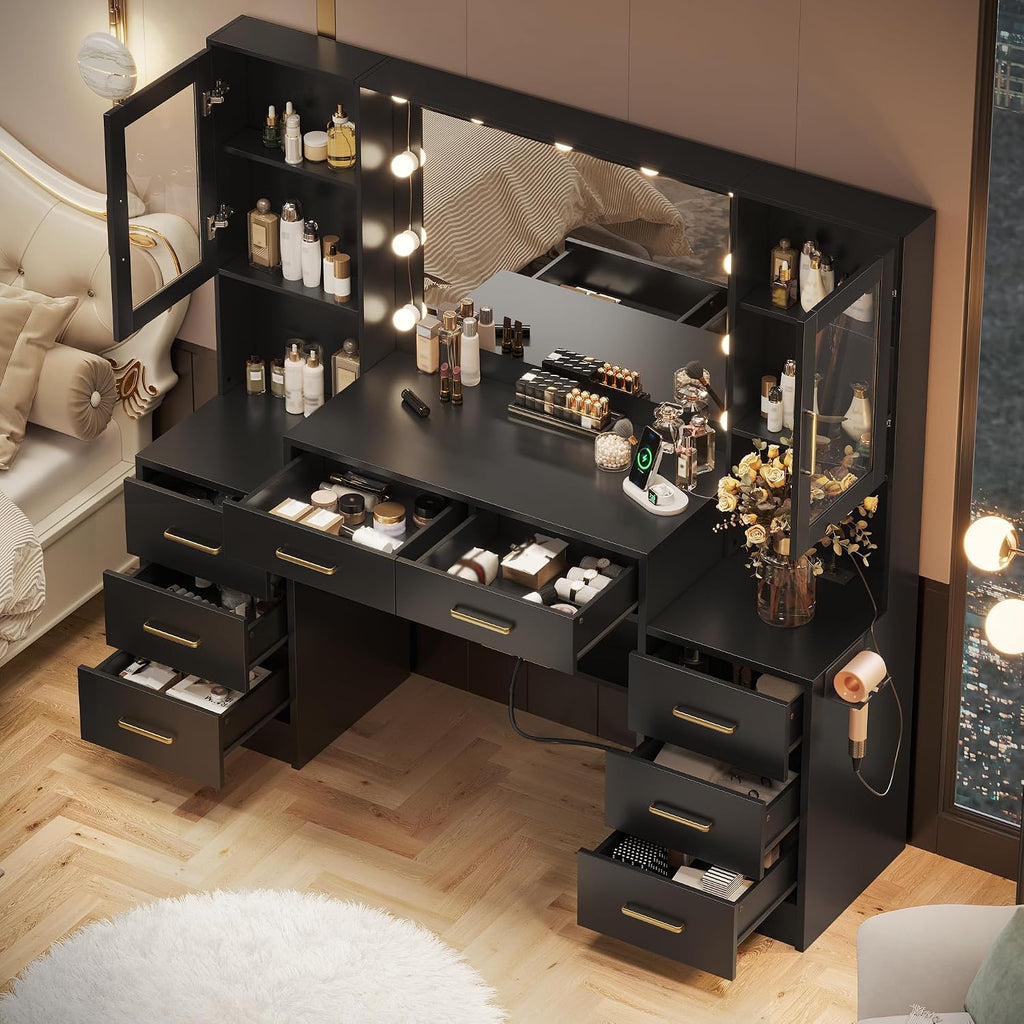 TOKSOM Large Black Vanity Desk with Mirror and Charging Station, Makeup Desk with 8 Drawers, 2 Cabinets and Lots Storage, Dressing Table Vanity Set for Girls Without Lights, 58.3 inch Black