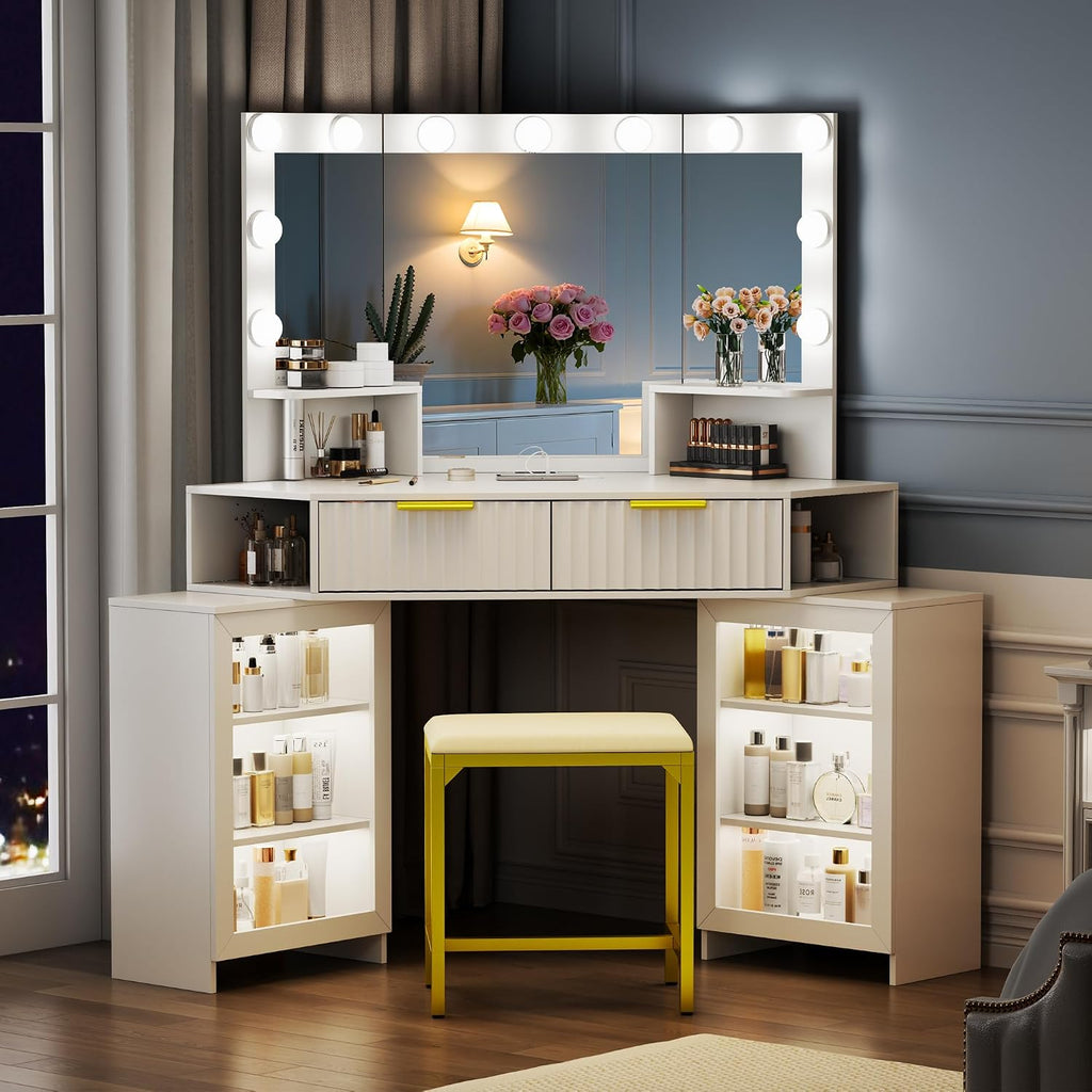 Vanity Desk with LED Lights Mirror & Power Outlet – Corner Design, Makeup Vanity Table Set with Storage Drawers & Chair, 3 Lighting Modes for Living Room/Bedroom, Ideal for Gift (White)