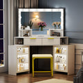 Vanity Desk with LED Lights Mirror & Power Outlet – Corner Design, Makeup Vanity Table Set with Storage Drawers & Chair, 3 Lighting Modes for Living Room/Bedroom, Ideal for Gift (White)