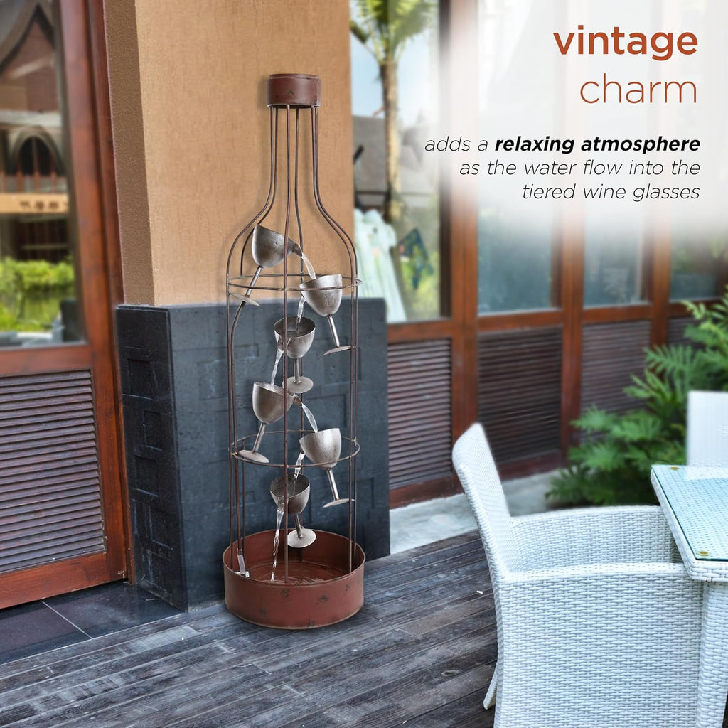 Alpine Corporation IPS210 Outdoor Floor Rustic Eclectic Bottle Shaped Water Fountain with Tiered Wine Glasses, 44', Brown