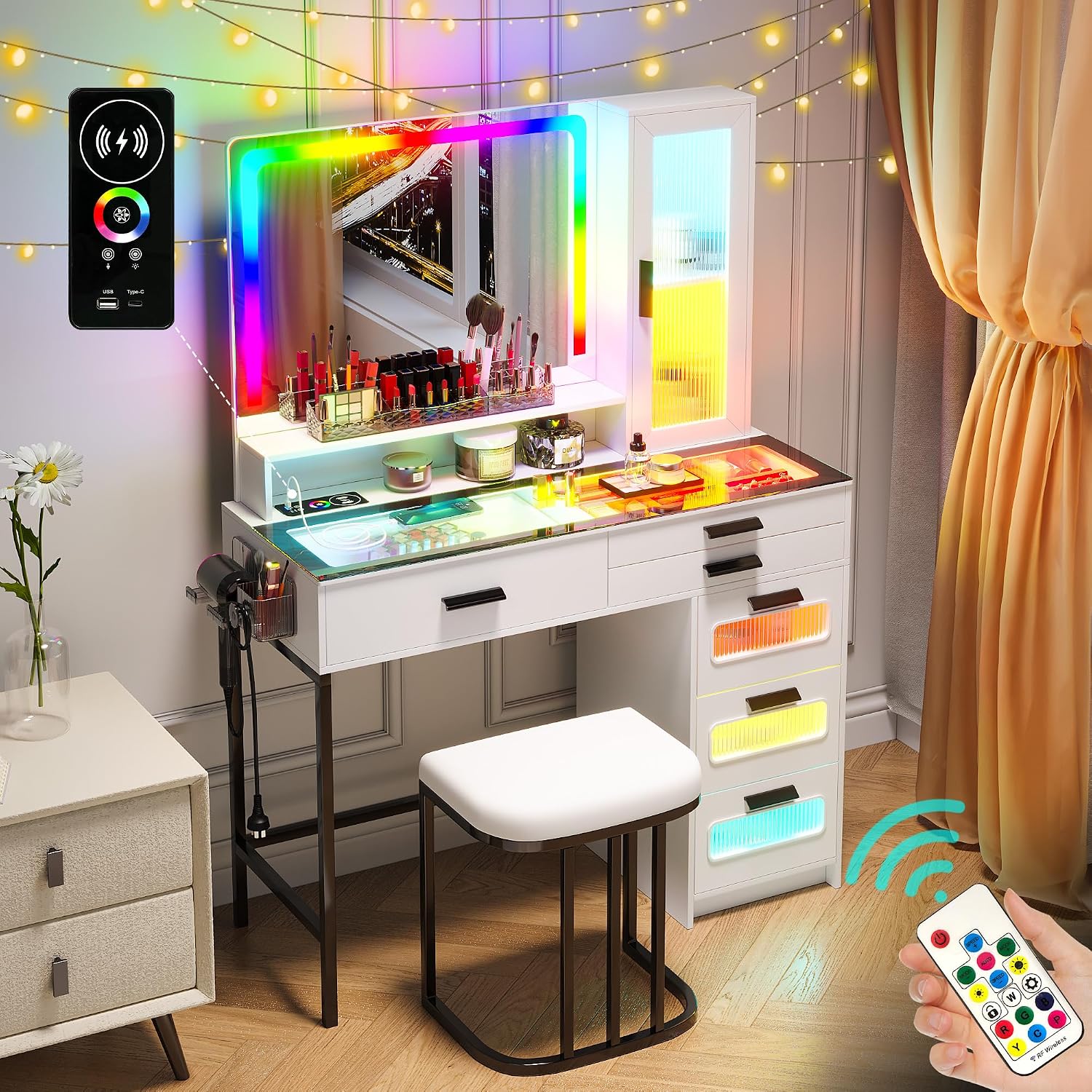 WOOVIVS Vanity with LED Mirror, Makeup Desk with 24 RGB Atuo Lighted Drawers for Bedroom, Glass Top Vanities Table Set with Wireless Charging Station, Chair,Jewelry Organizer for Girls/Women (White)