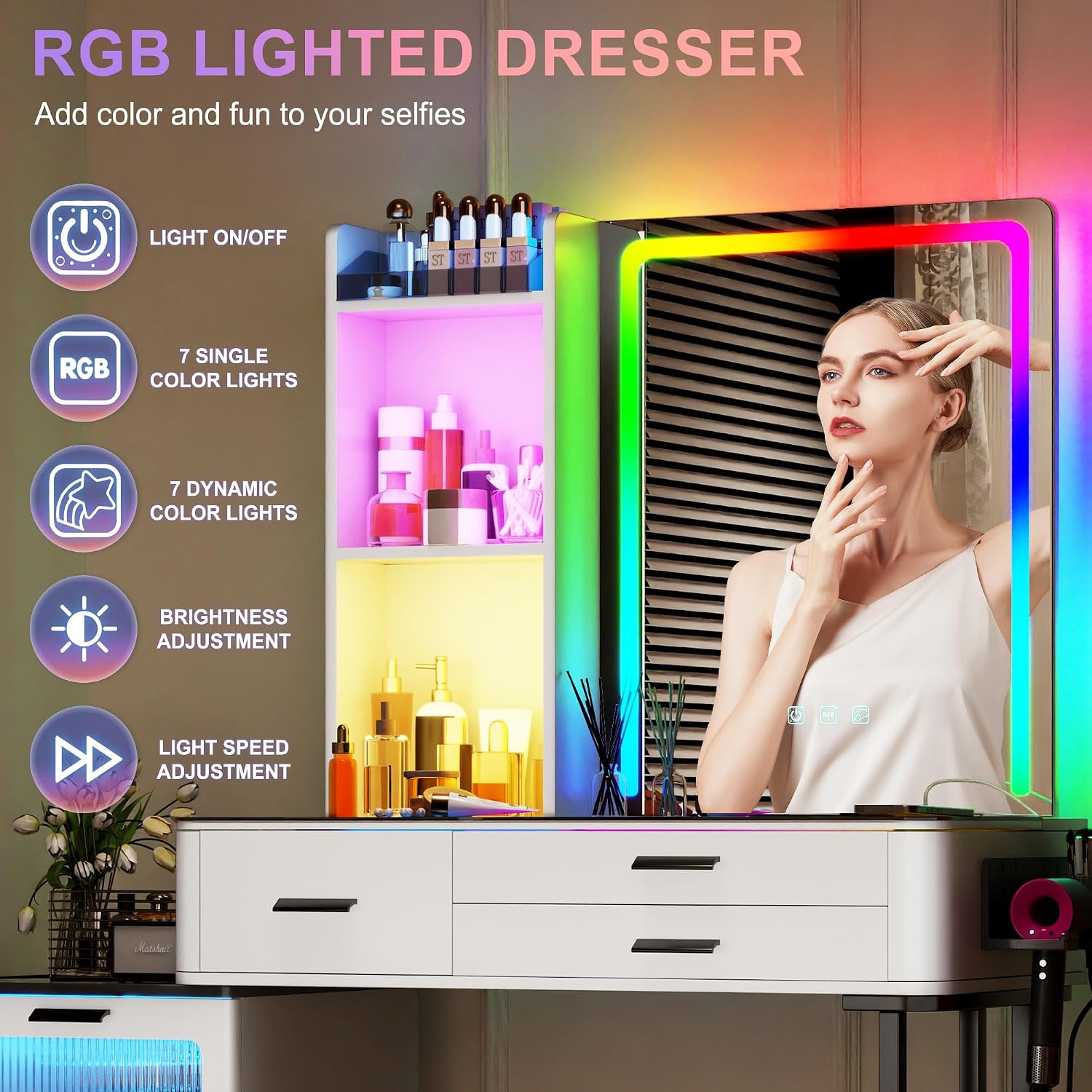 HNEBC Vanitys with HD Glass Display Table, Makeup Desk with Lighted Mirror and Charging Station, Dressing Table with RGB Lights,Jewelry Organizer,Cabinet,6Drawers,Chair for Women/Girls (White)
