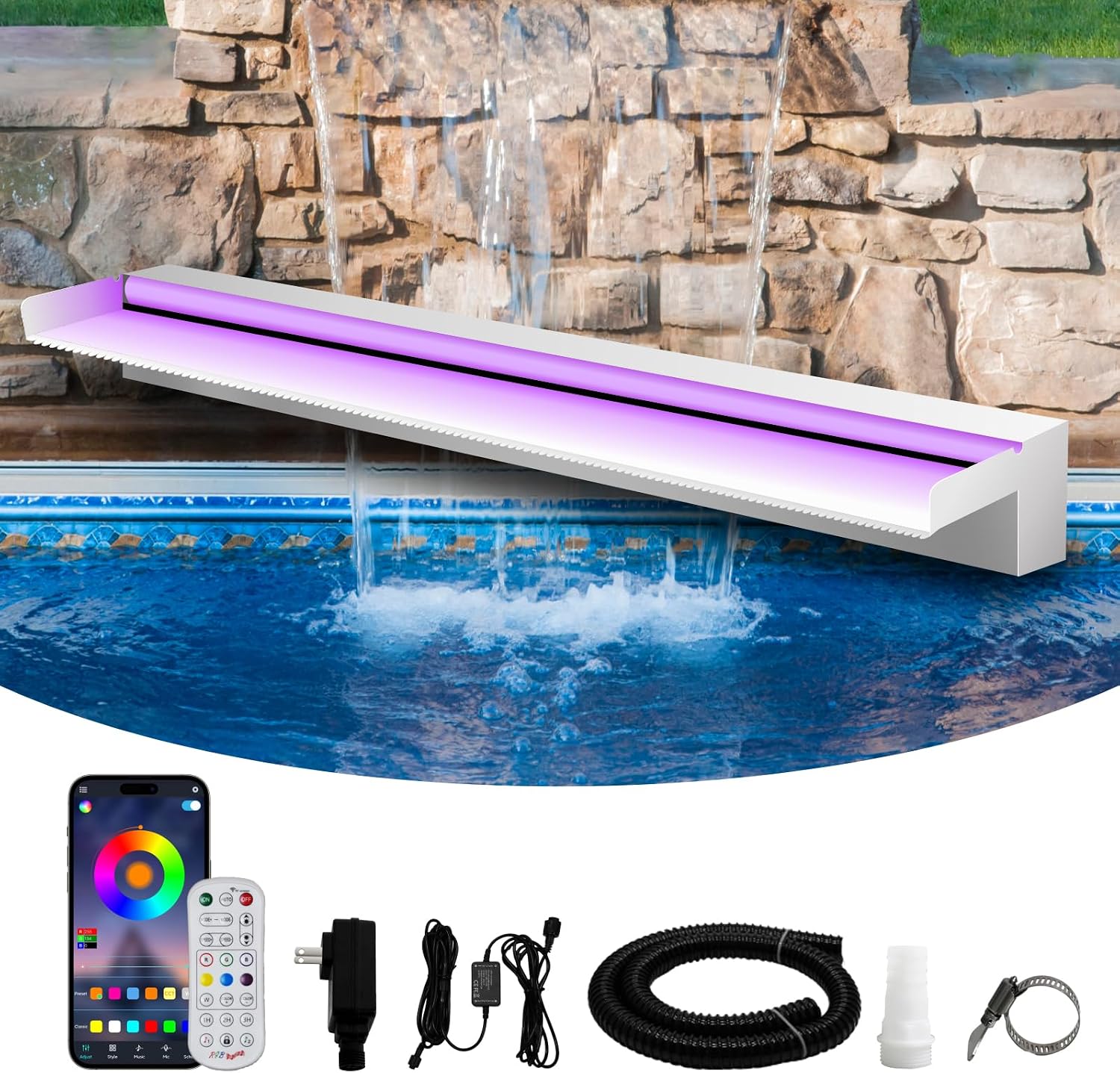 Waterfall Spillway Stainless Steel Pond Waterfalls with Color Changing LED Light, Outdoor Pool Fountain Water Feature Kit for Garden Patio Swimming Pool Koi Ponds Decor-36'x8'x4'