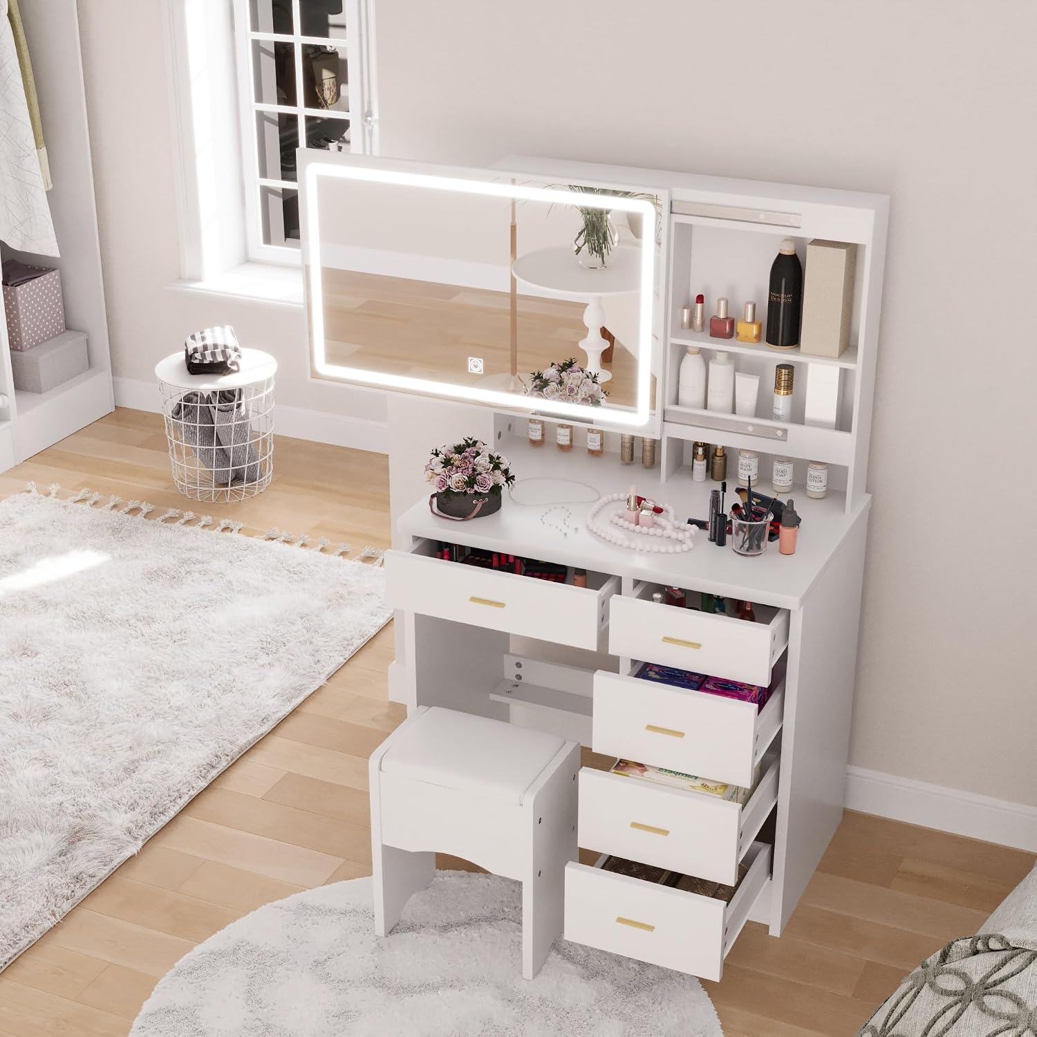 Vanity Desk with Mirror and Lights, 31.5' Makeup Vanity with Sliding Mirror and 3 Light Modes, Modern Vanity Table with 5 Drawers, Hidden and Open Storage Shelves, Makeup Desk for Bedroom, White