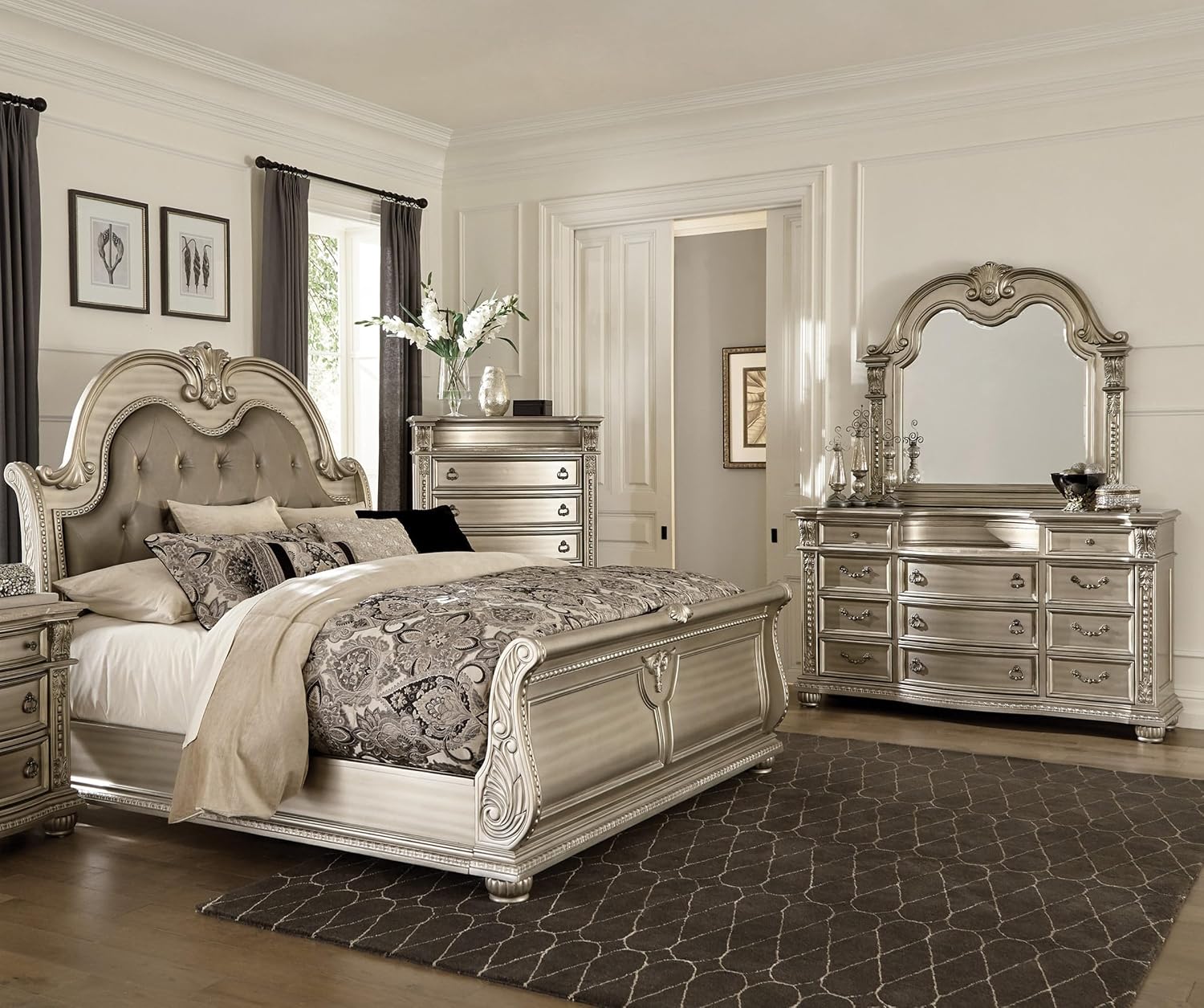 Classic Traditional Bedroom 4pc Set California King Size Upholstered Bed Silver Finish Marble Top Formal Wooden Furniture