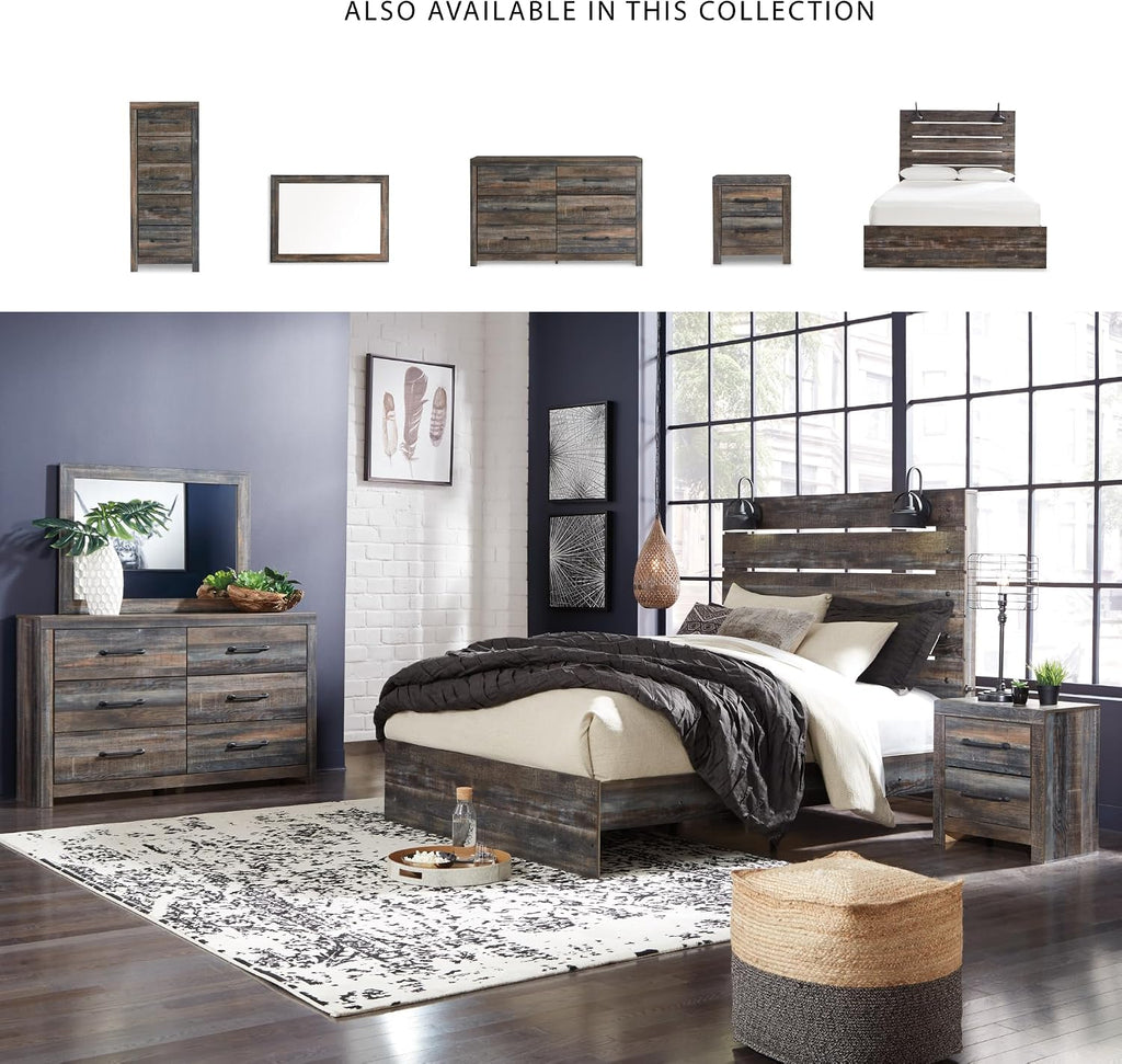 Signature Design by Ashley Drystan Rustic King Panel Bed with Sconce LED Lights, USB Ports and Nailheads, Foundation or Box Spring Needed, Dark Brown & Gray