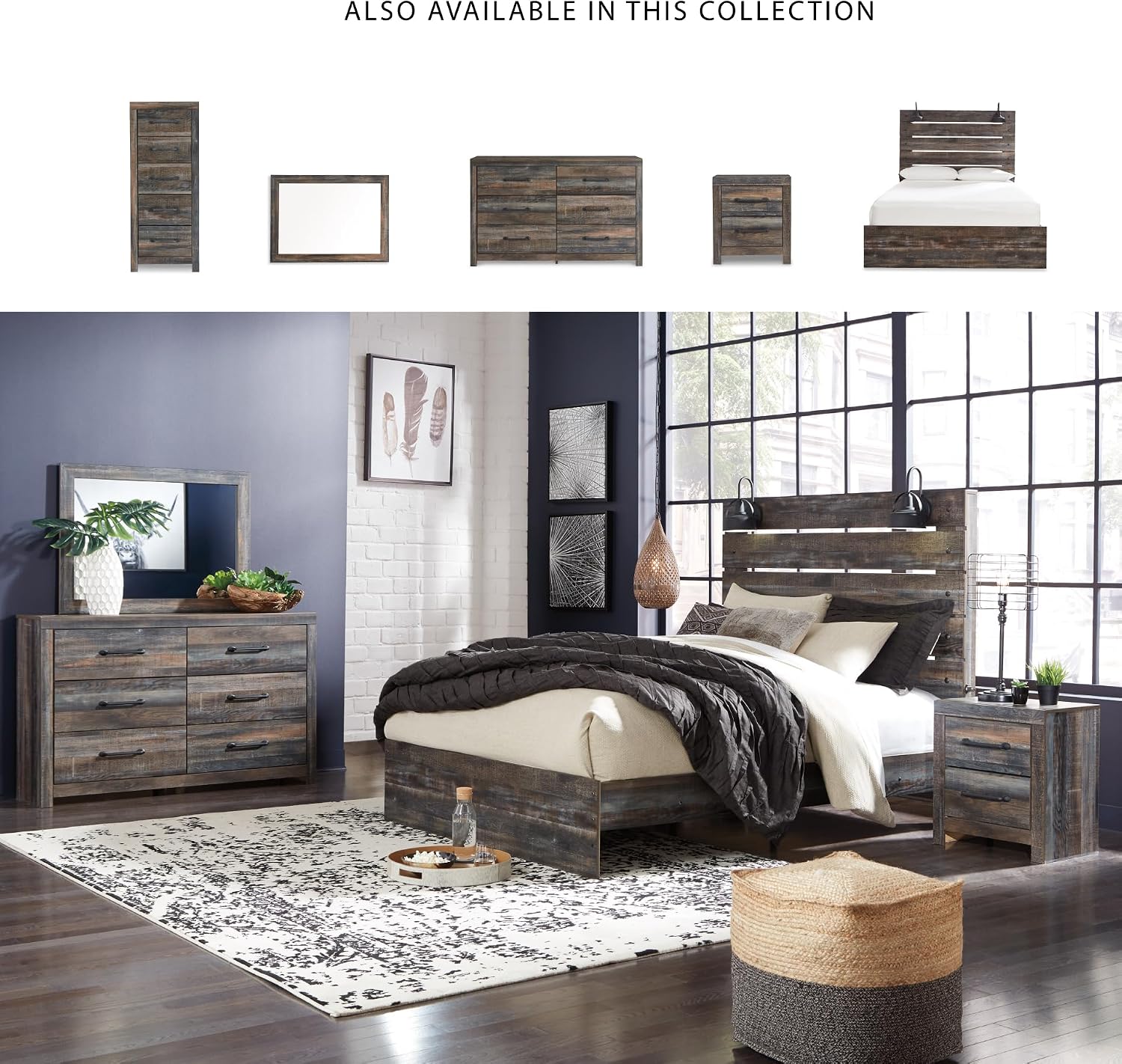 Signature Design by Ashley Drystan Rustic King Panel Bed with Sconce LED Lights, USB Ports and Nailheads, Foundation or Box Spring Needed, Dark Brown & Gray