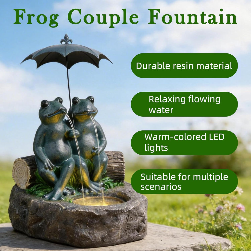 21' Frog Outdoor Water Fountain with LED Lights, Whimsical Resin Tabletop Waterfall Fountain Under Umbrella, Soothing Zen Garden Decor for Patio, Yard, Porch & Deck, Faux Bronze