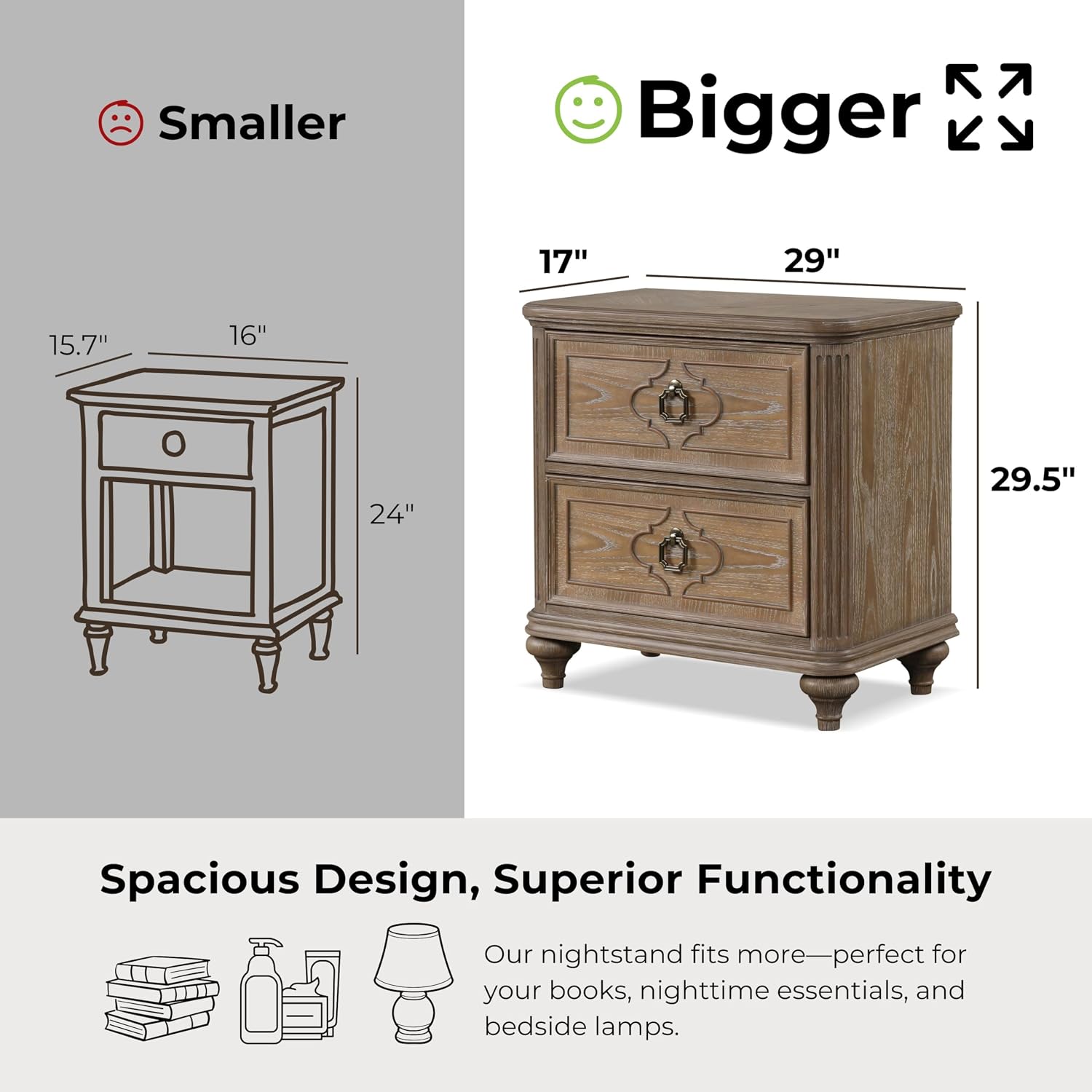 Furniture of America Weile Art Deco Solid Wood 3-Piece Bedroom Collection with Bed Frame and 2-Drawer Nightstands Set of 2, Box Spring Required, Rustic Oak, King