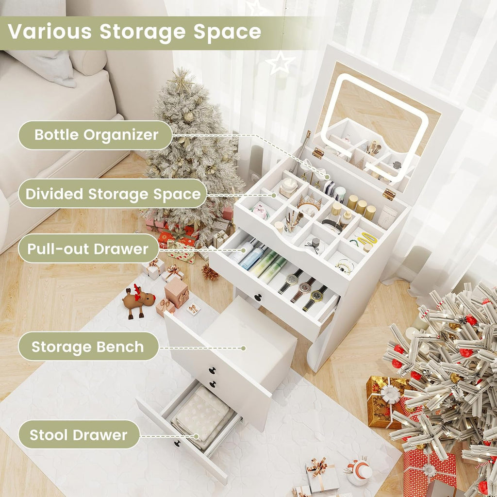 CHARMAID Small Vanity Desk Set, Makeup Vanity Table with Flip-up Lighted Mirror, Storage Bench, 2 Drawers, 8 Wheels, White Girls Dressing Table Nightstand for Small Space Bedroom