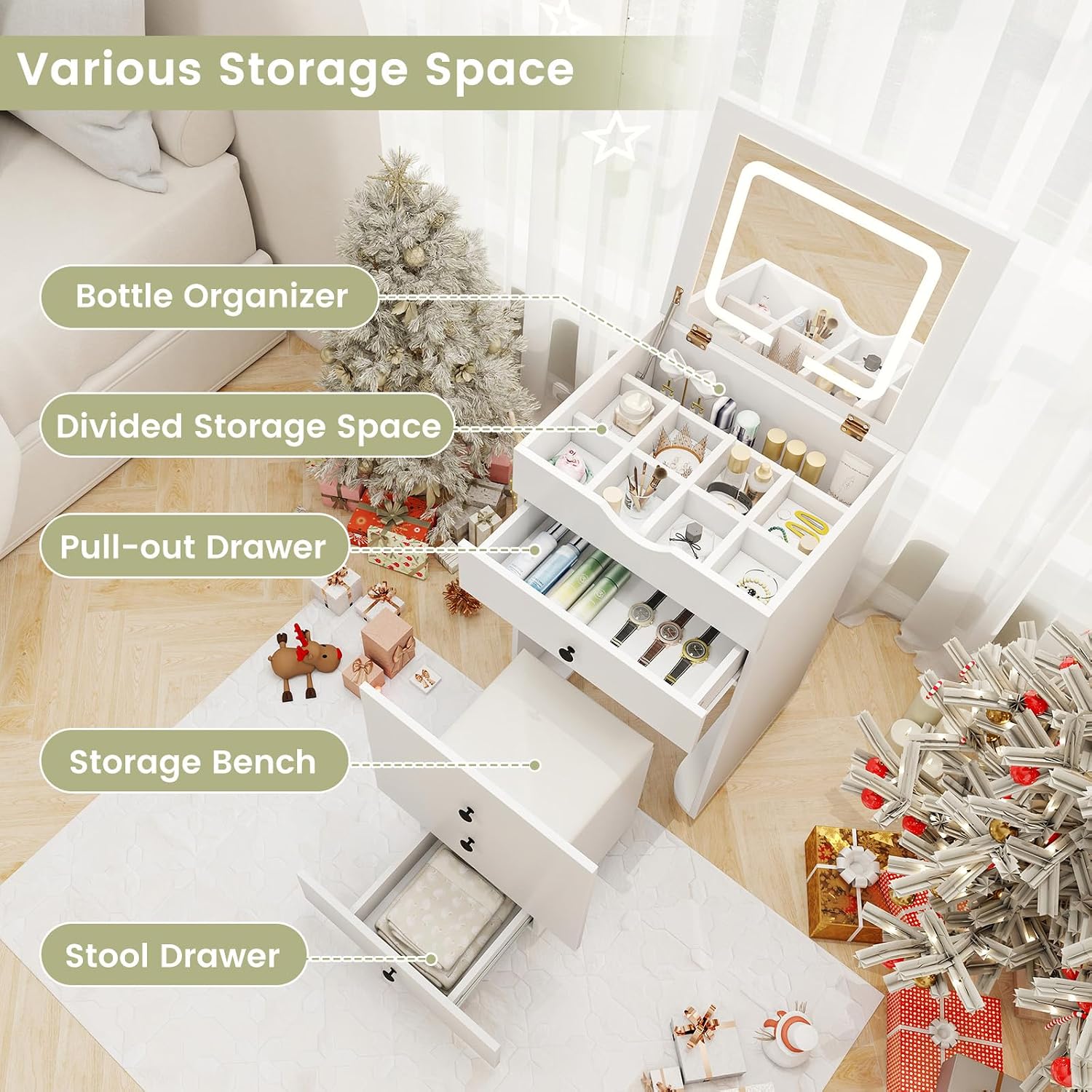 CHARMAID Small Vanity Desk Set, Makeup Vanity Table with Flip-up Lighted Mirror, Storage Bench, 2 Drawers, 8 Wheels, White Girls Dressing Table Nightstand for Small Space Bedroom