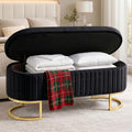 50.5' Modern Velvet Storage Bench, Luxury Channeled Queen Size End of Bed Bench with Hidden Storage and Gold Legs, Modern Glam Ottoman Bench for Bedroom, Living Room, Entryway, Black