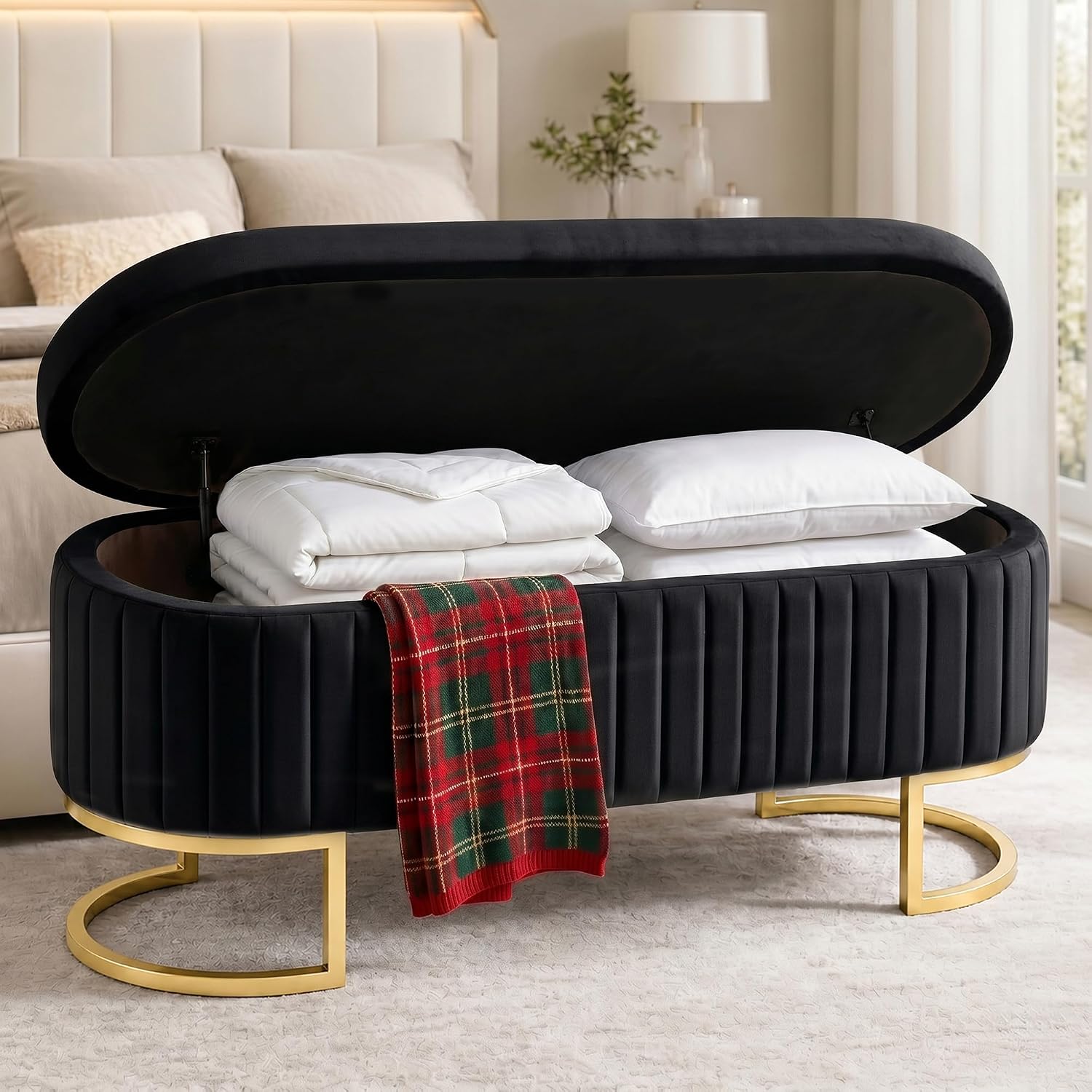 50.5' Modern Velvet Storage Bench, Luxury Channeled Queen Size End of Bed Bench with Hidden Storage and Gold Legs, Modern Glam Ottoman Bench for Bedroom, Living Room, Entryway, Black