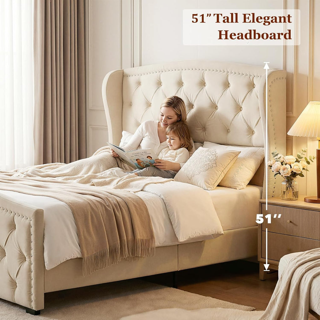 Furnihome King Size Bed Frame with 51' Tall Headboard, Velvet Upholstered Wingback Platform Design, Handcrafted Pleats& Deep Button Tufted, Solid Wood Legs, No Box Spring Needed, Beige