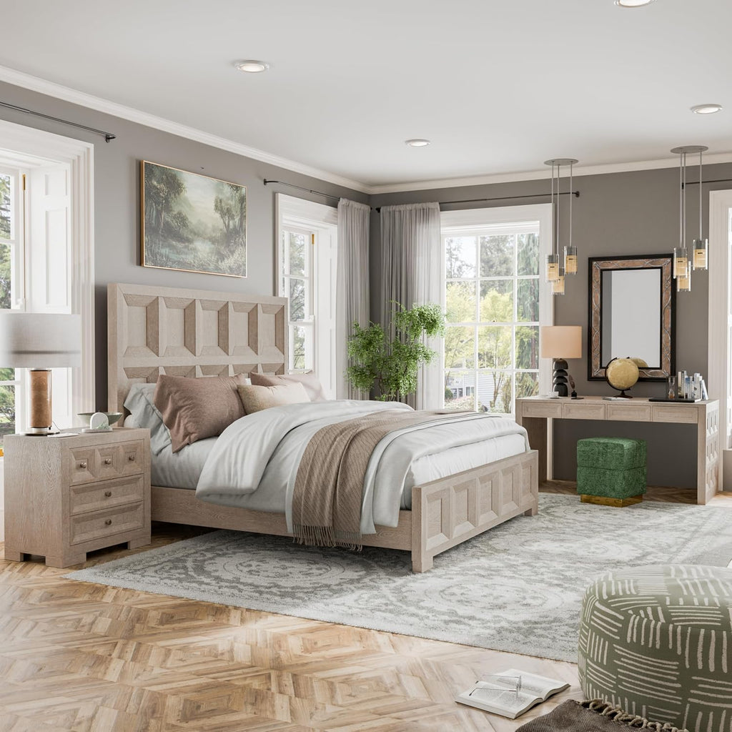 Furniture of America Dannen Modern Classic Solid Wood 3-Piece Bedroom Set, Panel Bedframe, Writing Desk and Wooden Nightstand with USB Ports, Box Spring Needed, Queen, Tawny Brown