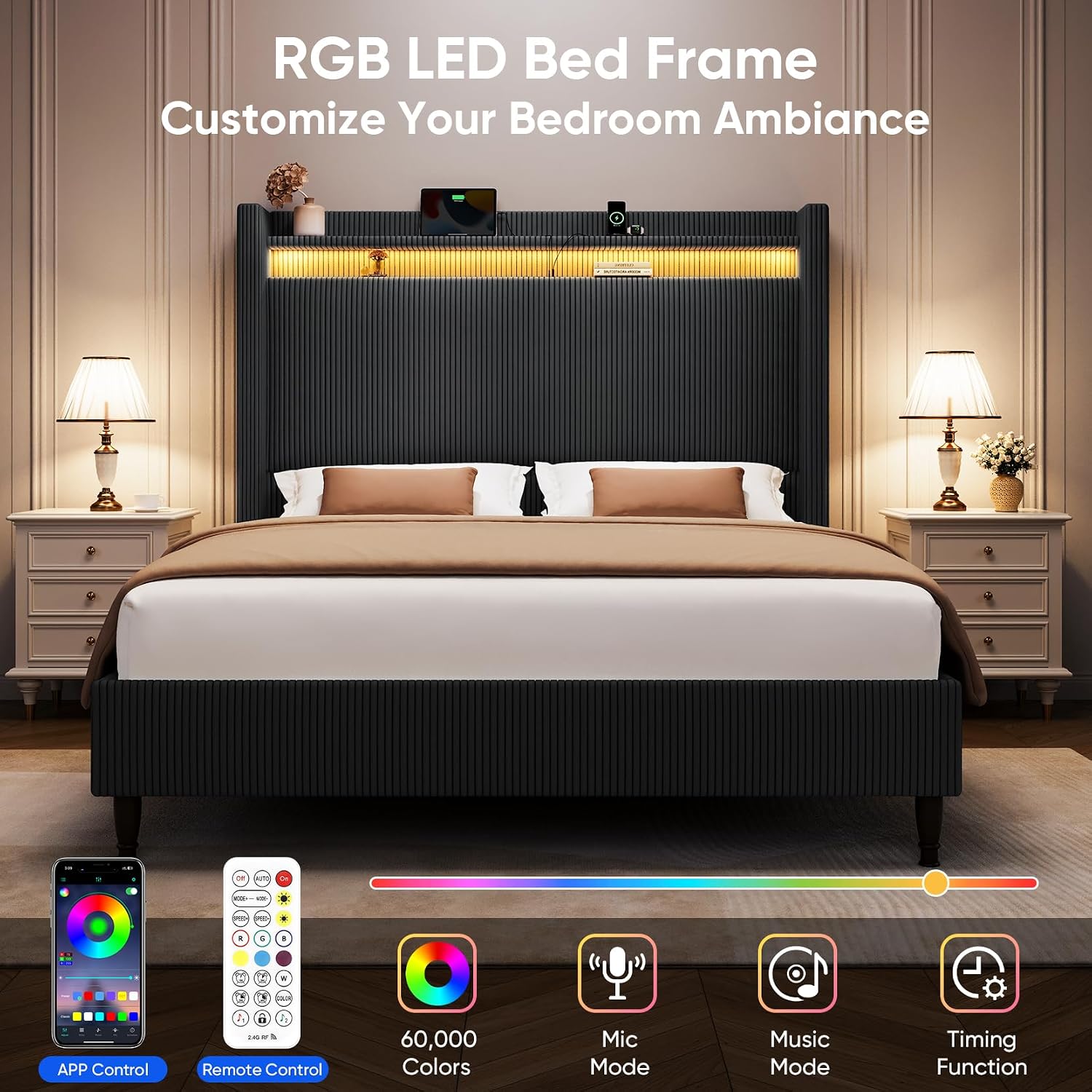 Queen Size Bed Frame with Tall Headboard, 55.3' Upholstered Platform Bed with LED Lights & Charging Station, Elegant Corduroy Bedframe, 2-tier Storage Wingback Headboard, No Box Spring Needed, Black