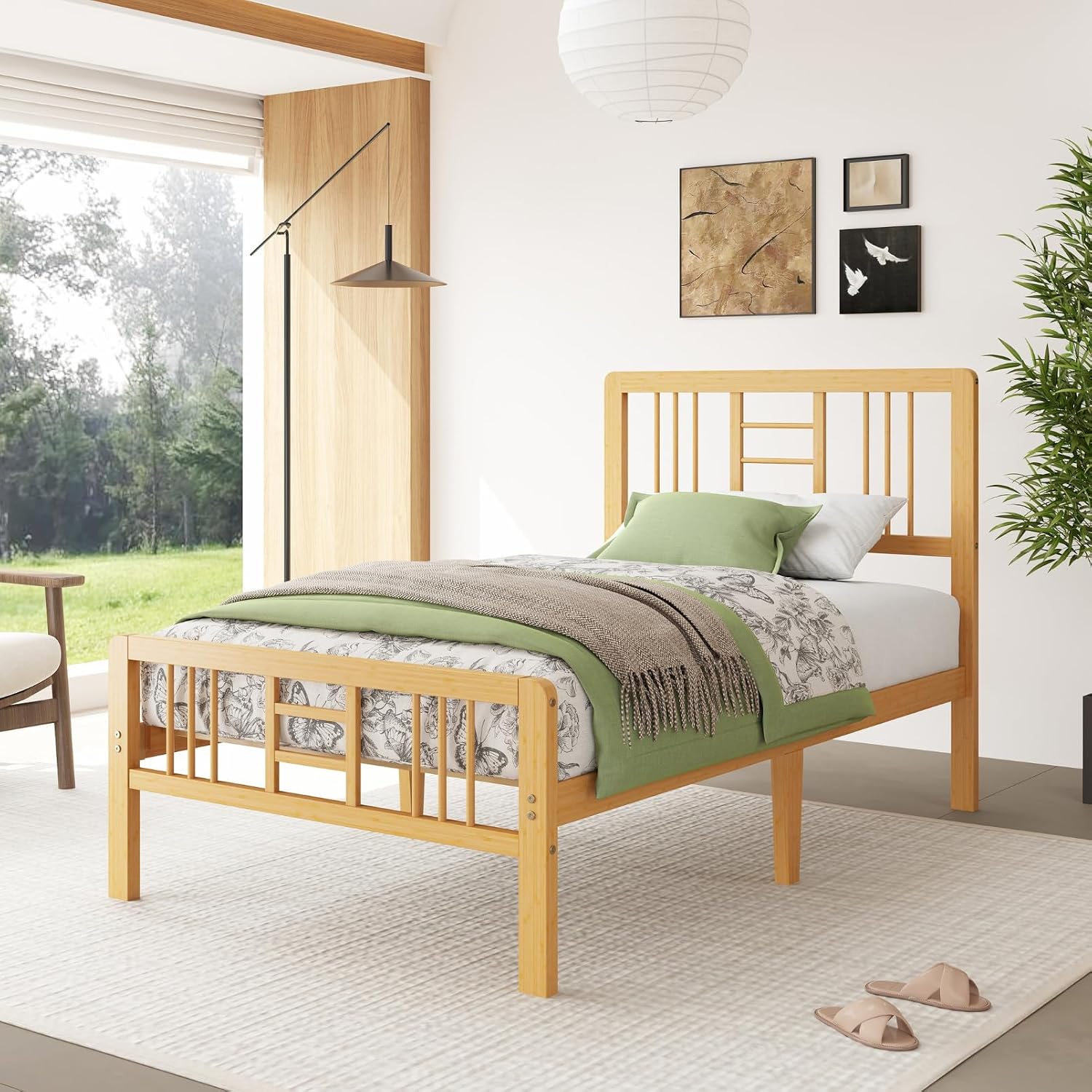 14 Inch Bamboo Wood Twin Size Platform Bed Frame with Headboard and Footboard, Metal Slat Support Bed Frame Twin Heavy Duty, No Box Spring Needed, Easy Assembly, Noise Free, Reinforced