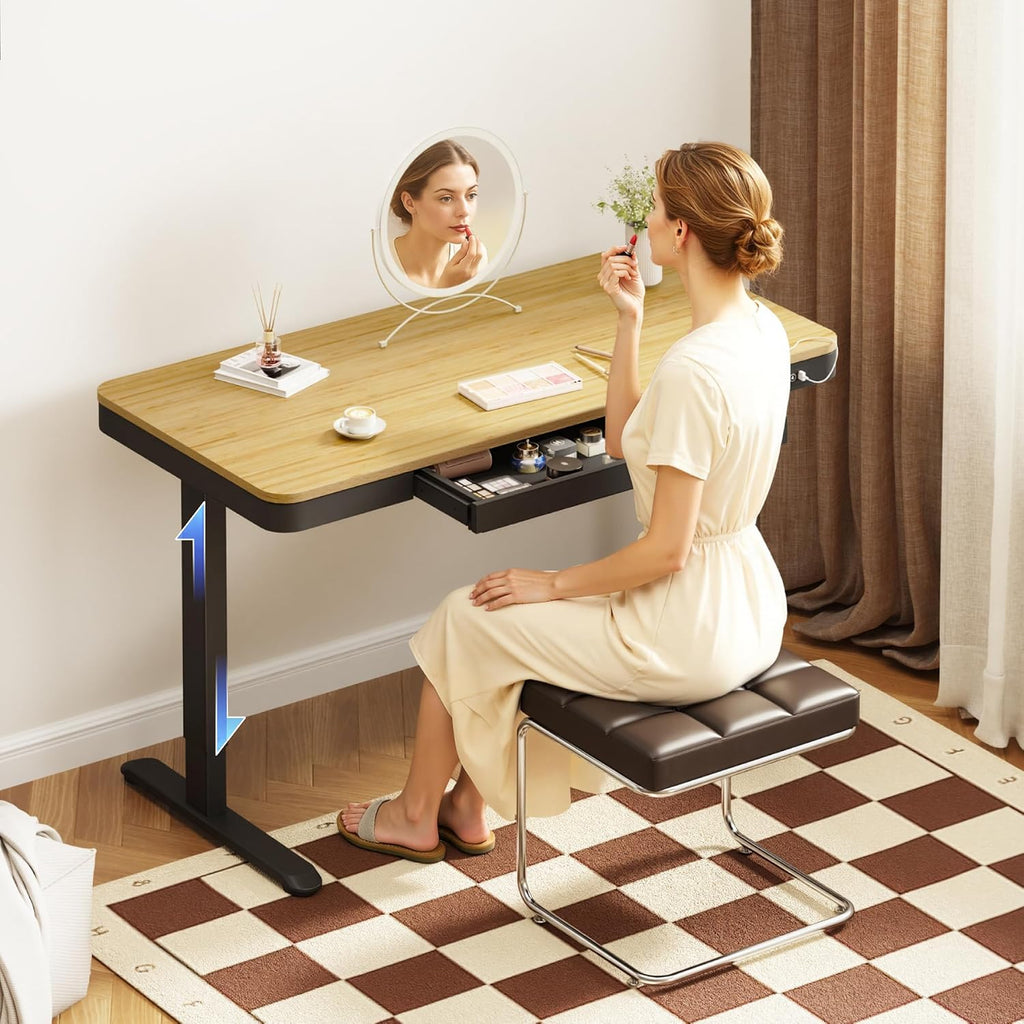 FLEXISPOT Electric Standing Makeup Vanity Desk with Drawer and USB Charge Ports,48' Height Adjustable Quick Install Dressing Table for Women Girls Bedroom Dressing Room,Bamboo-Look Laminate/Black