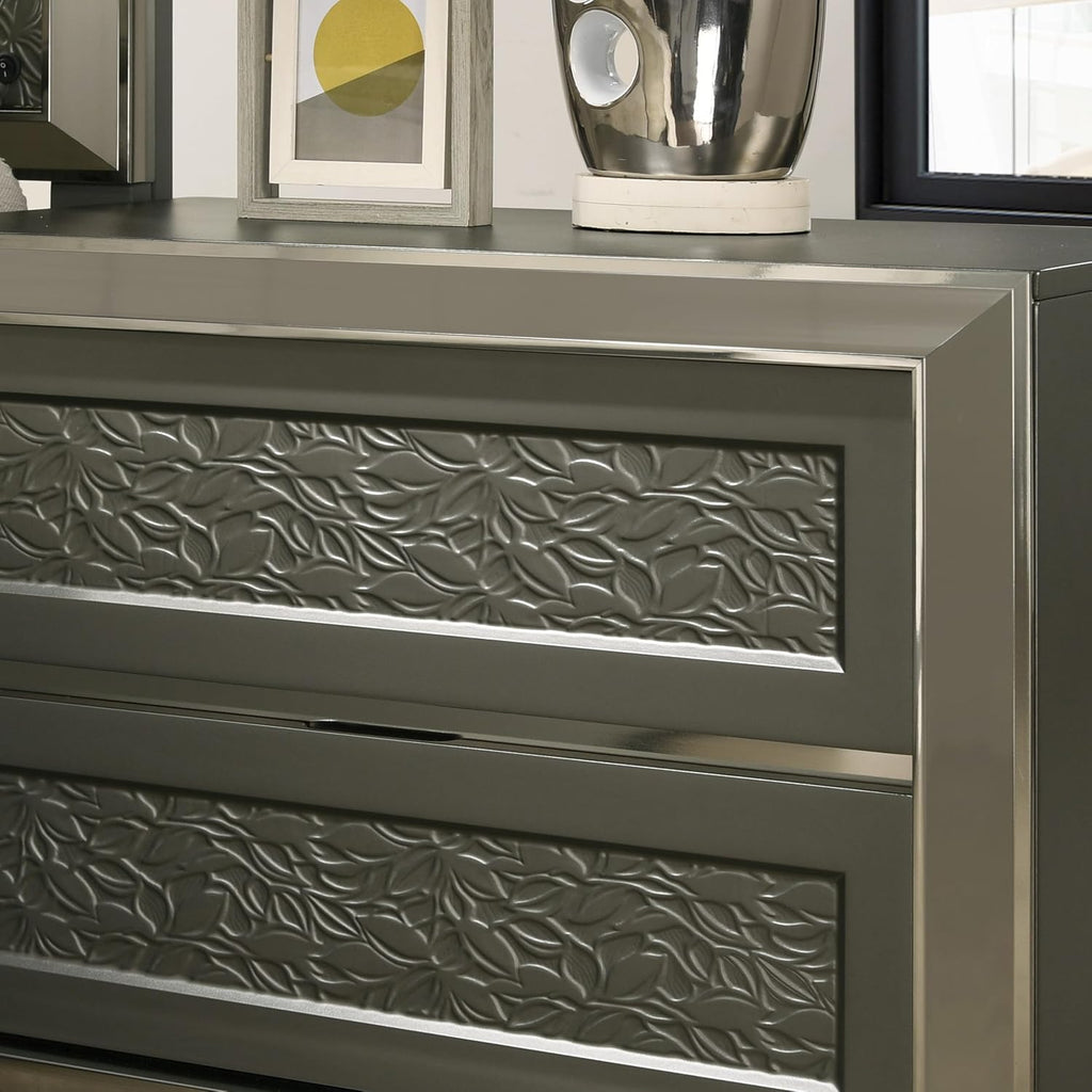Furniture of America Uself Modern Solid Wood 6-Piece Bedroom Set with LED on Headboard and Mirror, Silver Bracketed Feet, Leaf Pattern Molding, No Box Spring Needed, King, Dark Gray