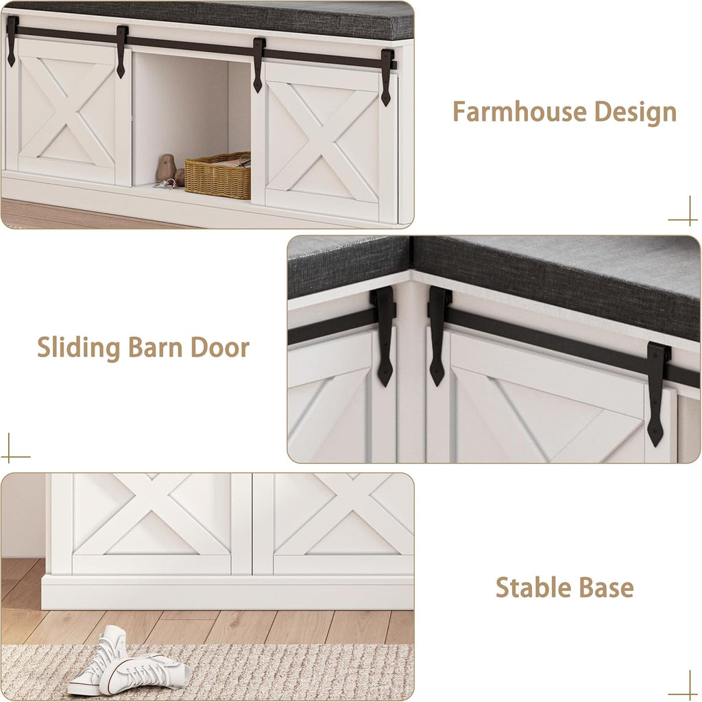 Farmhouse L Shaped Corner Shoe Storage Bench, Corner Bench with Cushion and Sliding Barn Door, 63' Breakfast Nook Benches with Hidden Storage for Entryway, Dining Room, Hallway