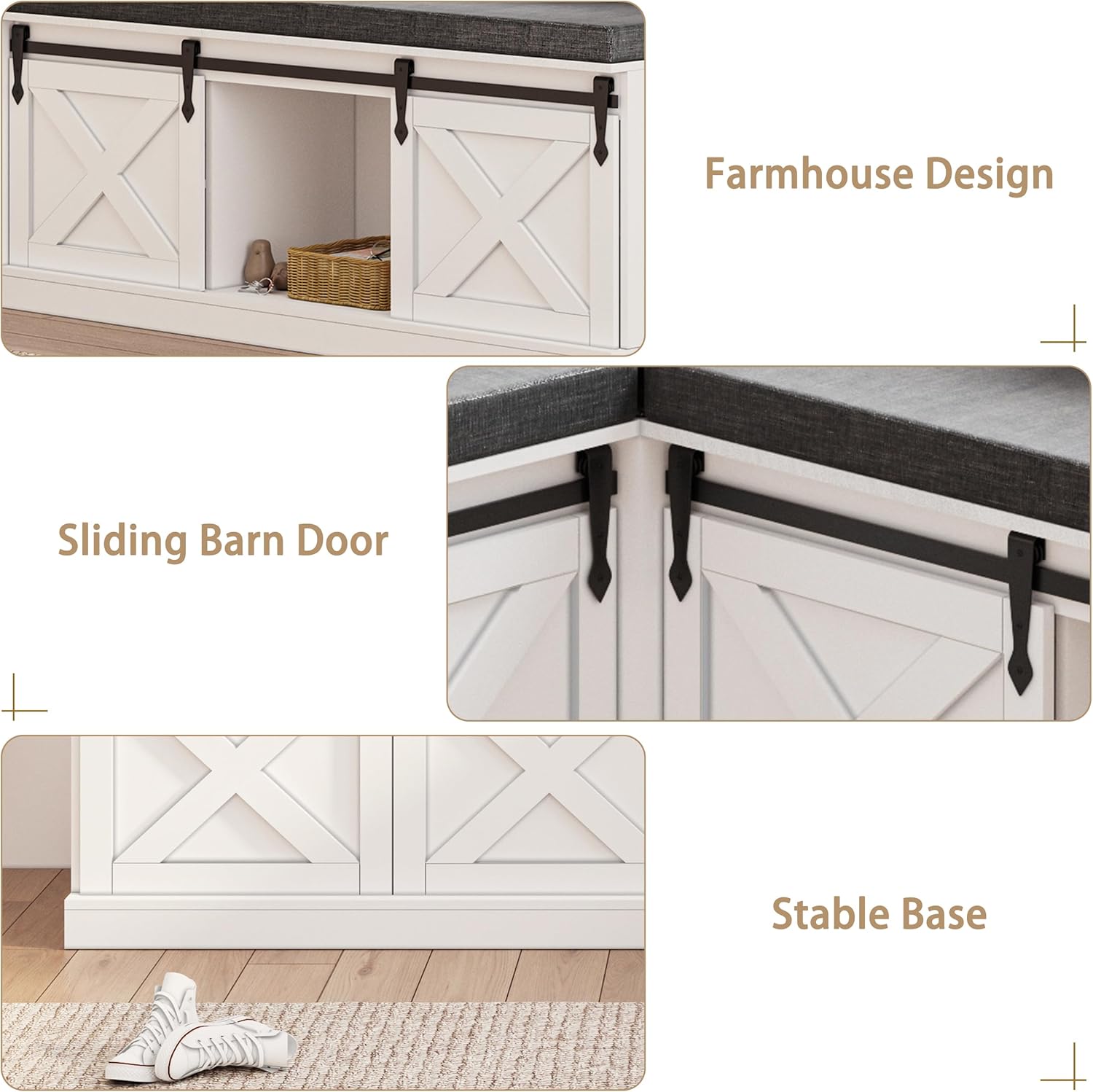 Farmhouse L Shaped Corner Shoe Storage Bench, Corner Bench with Cushion and Sliding Barn Door, 63' Breakfast Nook Benches with Hidden Storage for Entryway, Dining Room, Hallway