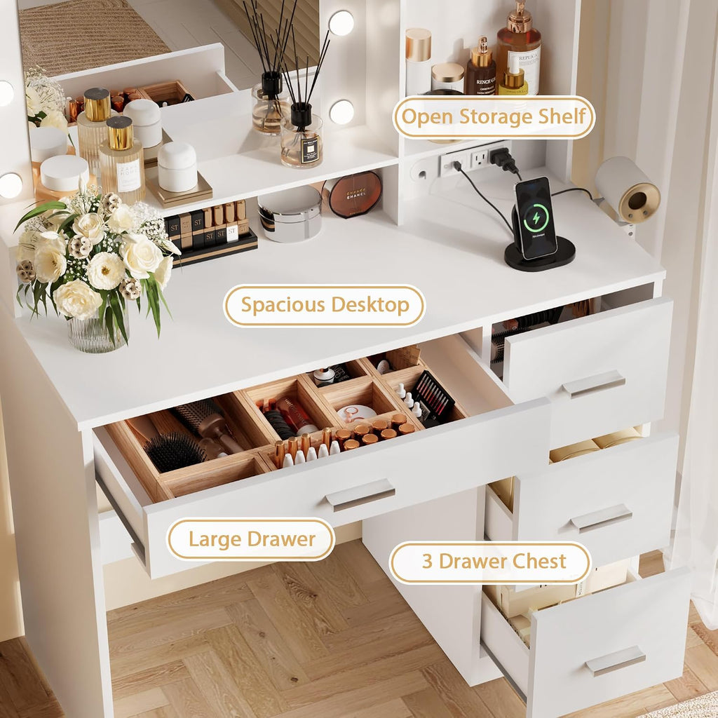 Furmax Vanity Desk with LED Lighted Mirror&Power Outlet, 39.3'' Makeup Vanity Table with 4 Drawers and 3 Storage Shelves, Adjustable 3 Lighting Colorfor Bedroom&Dressing Room (White)