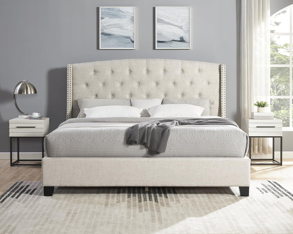 Roundhill Furniture Astral 3-Piece Upholstered Bedroom Set, Tufted Wingback Bed with Two White Nightstands, Queen