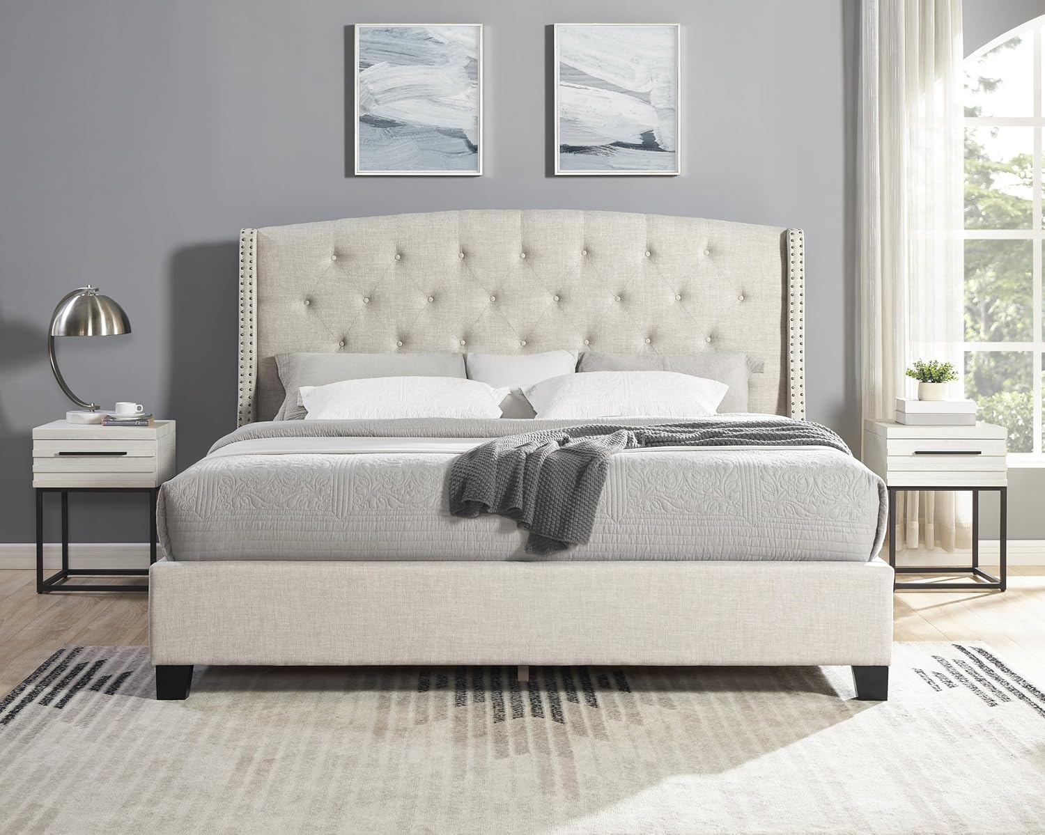 Roundhill Furniture Astral 3-Piece Upholstered Bedroom Set, Tufted Wingback Bed with Two White Nightstands, Queen