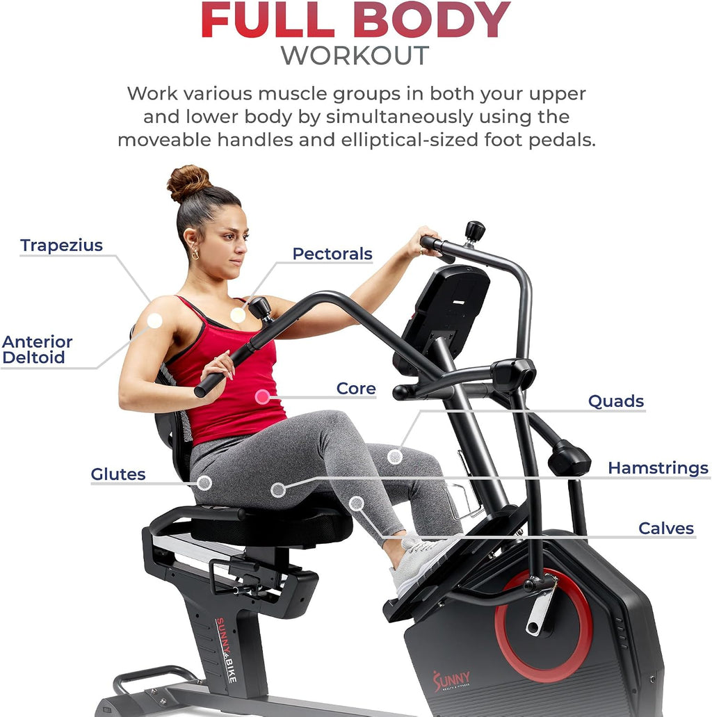 Sunny Health & Fitness Elite Recumbent Cross Trainer & Elliptical Machine with Arm Exercisers for Home Arm/Leg Training, Easy Adjust Seat & Mesh Backrest, Free SunnyFit App Bluetooth Connectivity